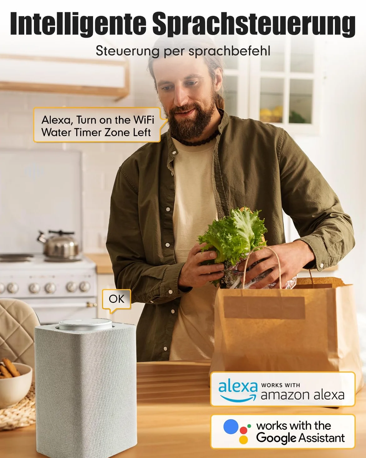 RAINPOINT Programador Riego WiFi 2 Salidas, Inteligente Temporizador Riego Automatico, App/Voz Control, Riego Basado en Clima/Humedad del Suelo, empotrar Caudalimetro Agua, para Césped Jardín