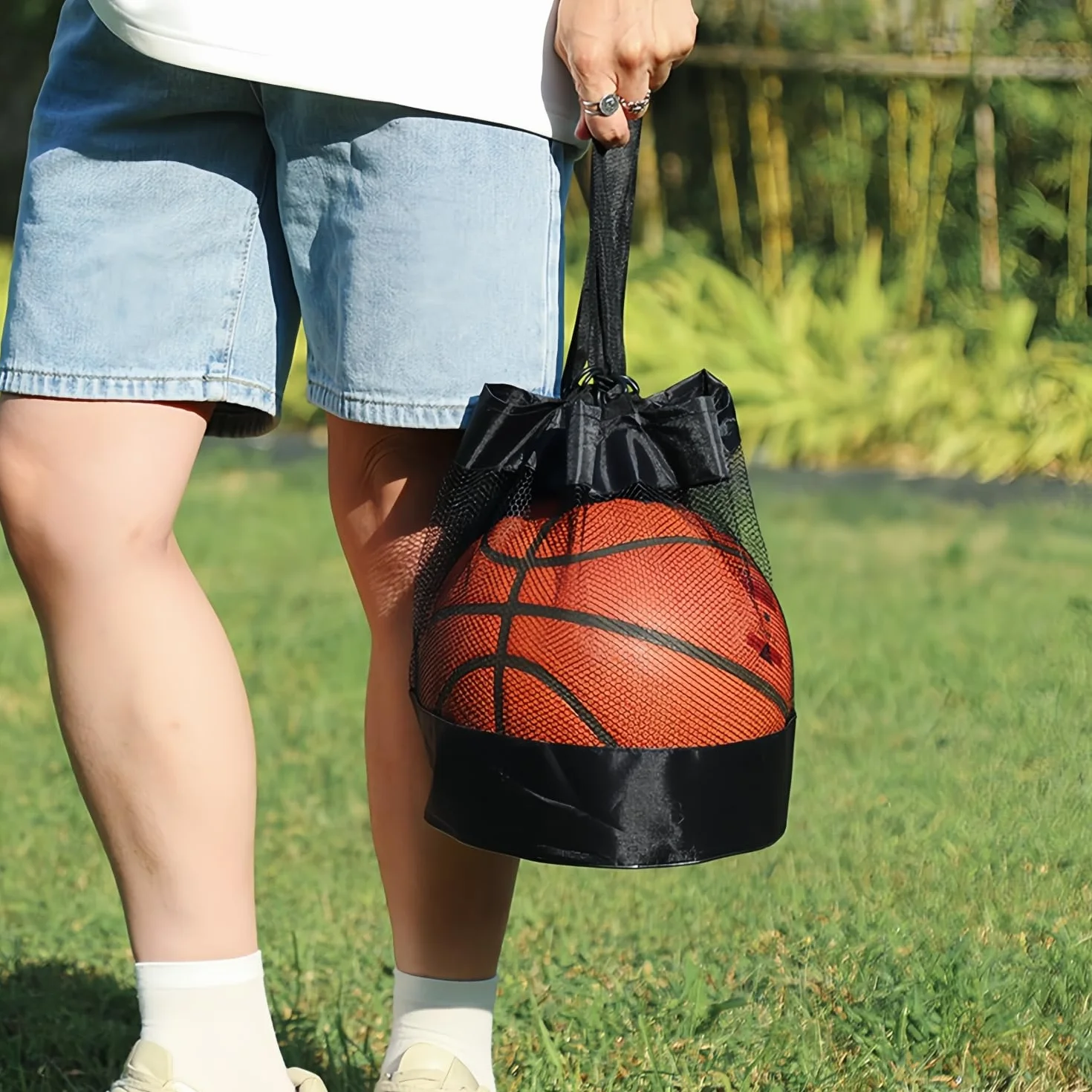 Bolsa de Malla para Pelotas Mochila Baloncesto Deportiva Ajustable Negro