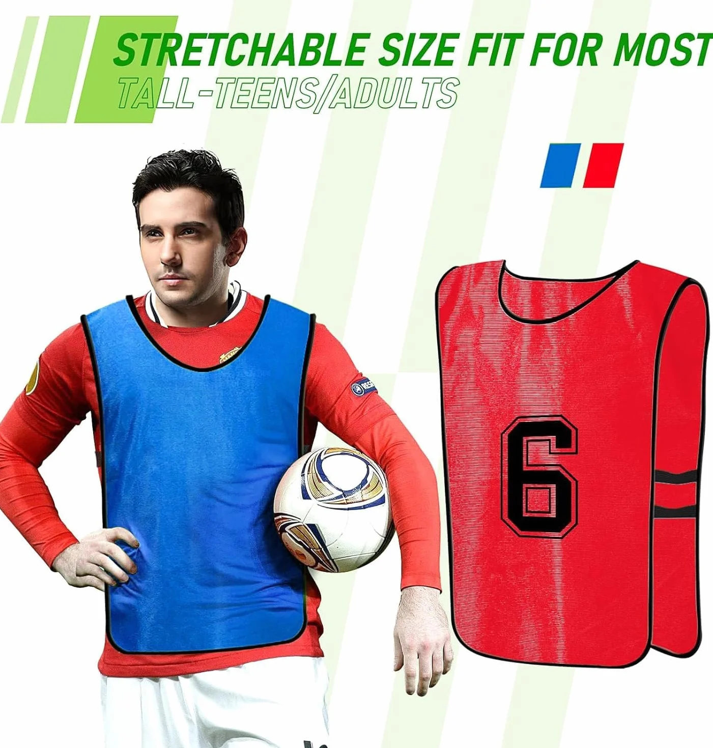 Petos de fútbol entrenamiento reversibles numerados rojo azul 47x70 cm
