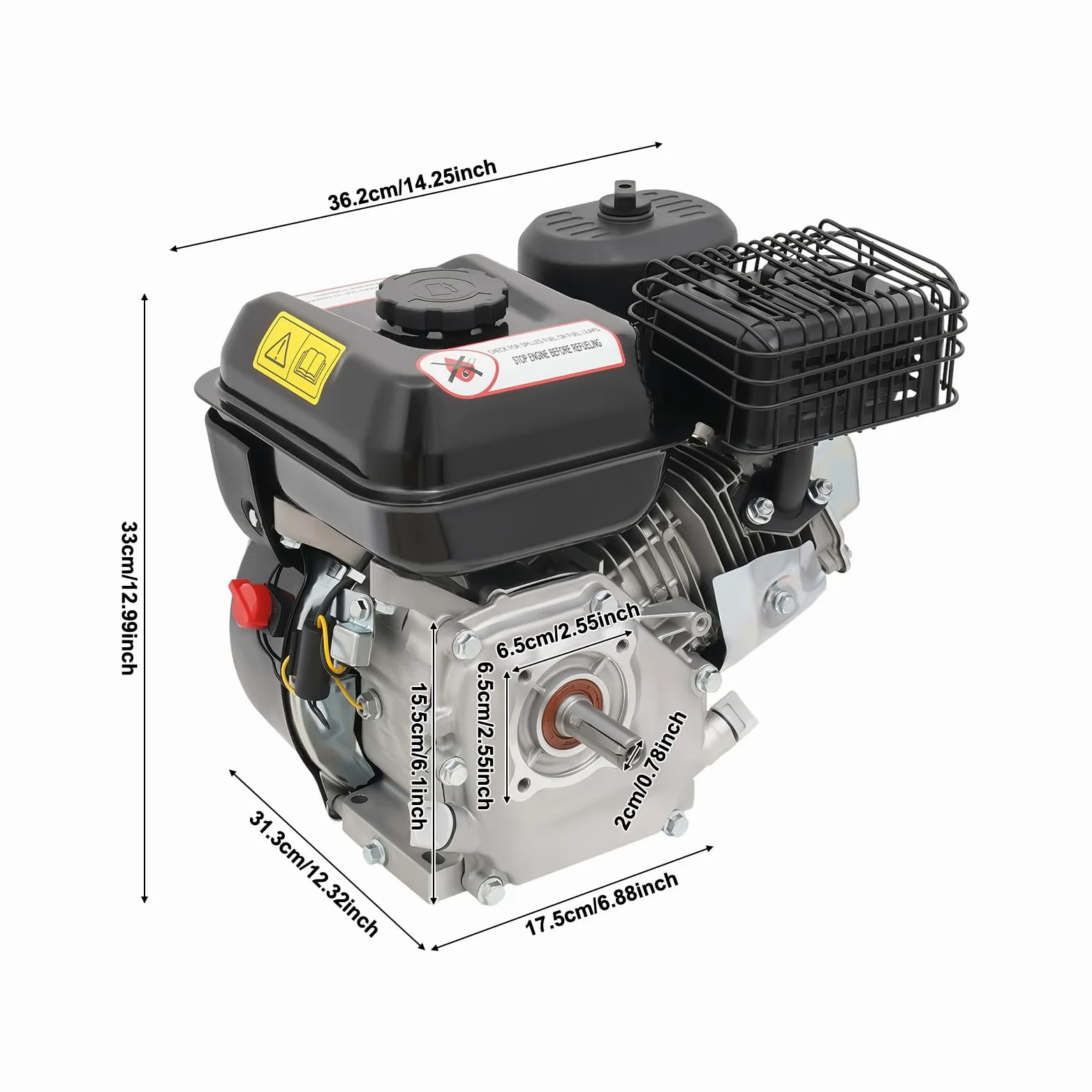 Motor de gasolina de 7,5 CV, motor de 4 tiempos, gasolina con eje de 20 mm de diámetro, 3600 rpm, 212 cc, cilindro, bujía, carburador, 1 cilindro, depósito de gasolina de 3,6 l, para cortacésped