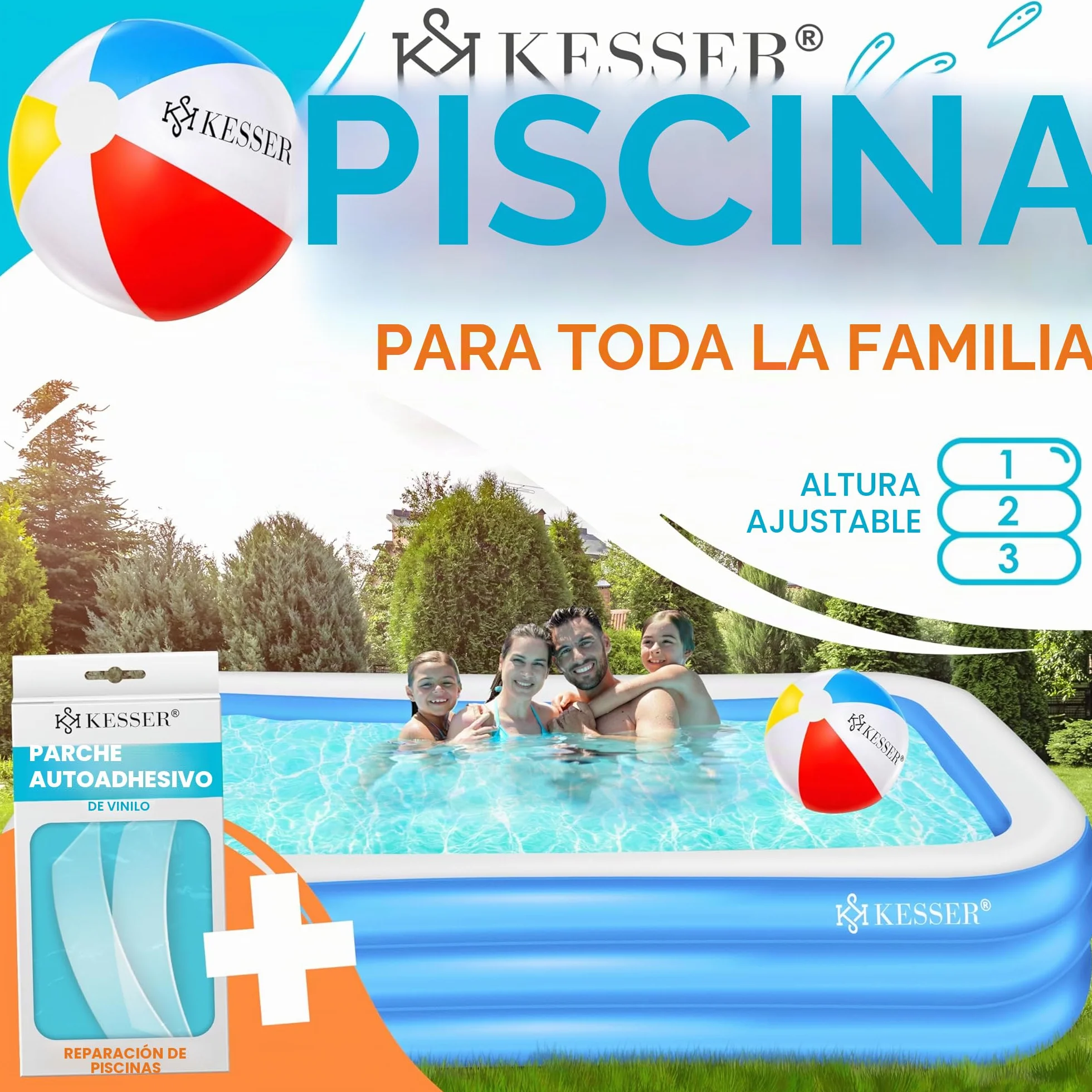 KESSER® Piscina Familiar Inflable para Niños y Adultos, de Jardín y Verano, 240 x 142 x 56 cm, 613 Litros, con Agujeros de Drenaje