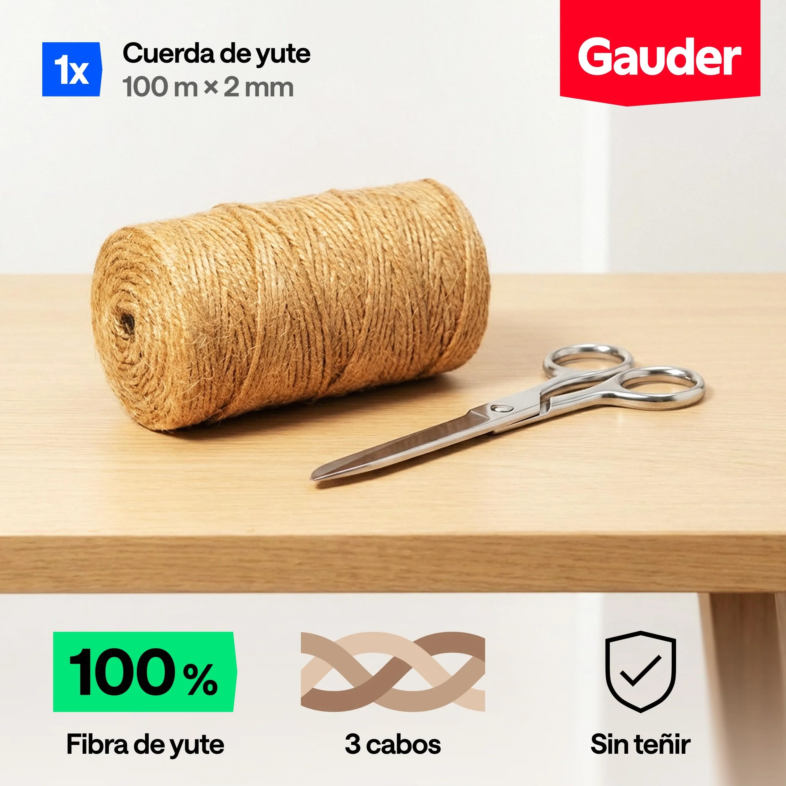 GAUDER Cordel de Yute Natural (100 m x 2 mm) – Hilo de jardín & ataduras para Plantas – Cuerda para macramé & Manualidades – Cordel de Embalaje – Decoración Natural