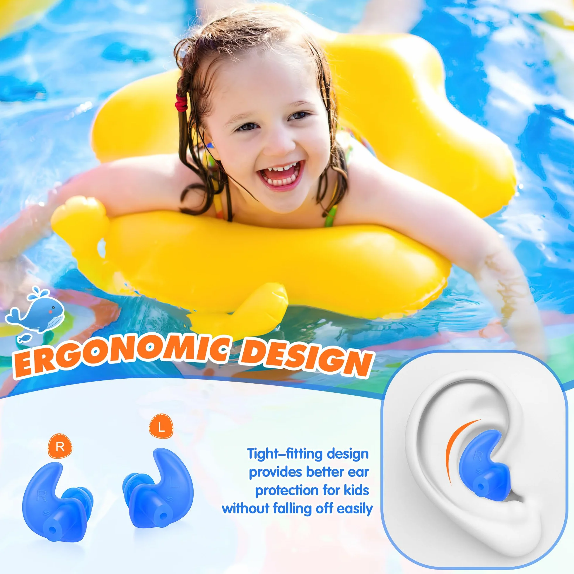 Hearprotek Tapones para los Oídos Natación 2 Pares Silicona Reutilizables a Prueba de Agua Nadadores Duchas Deportes Acuáticos Tamaño Niños Azul Naranja