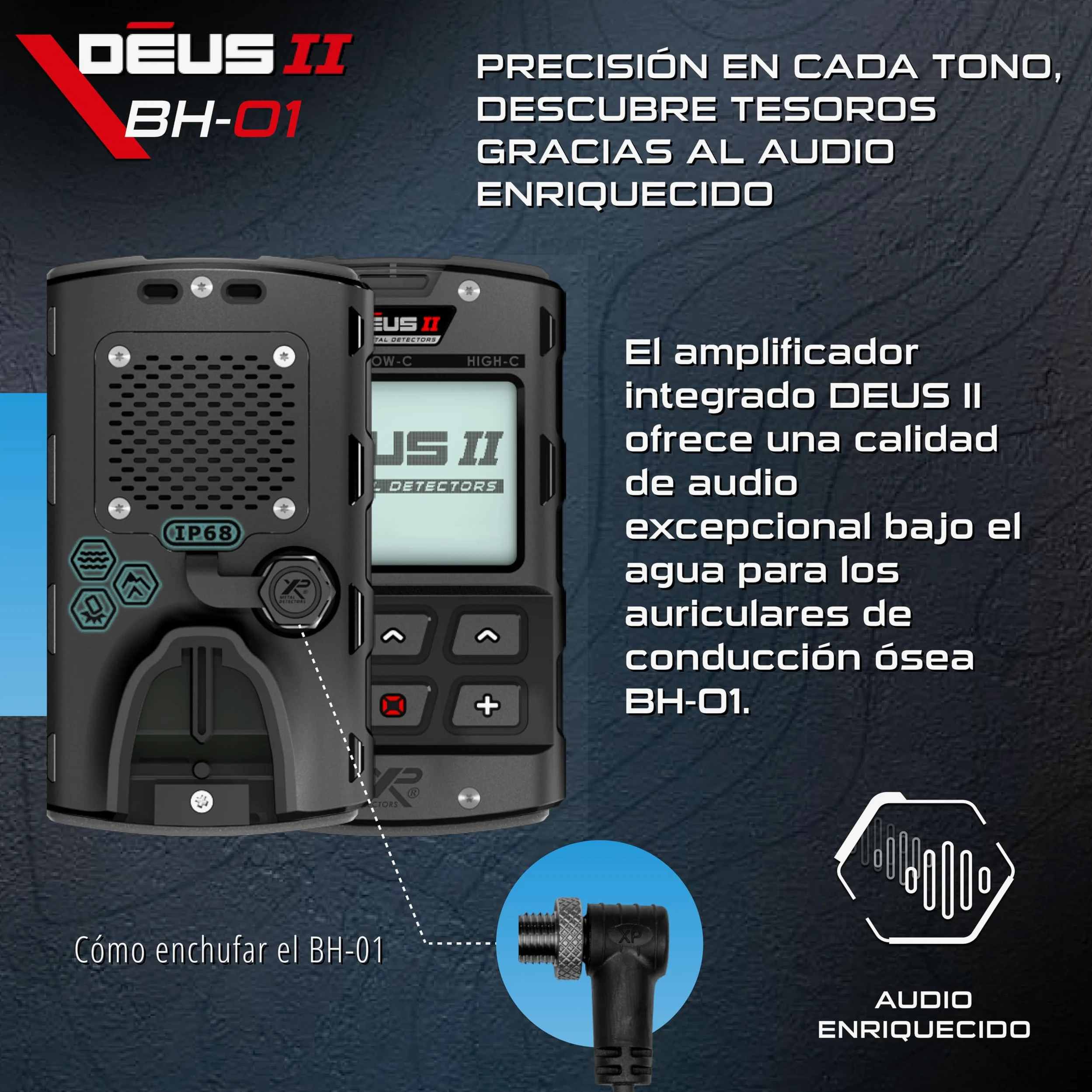 XP METAL DETECTORS BH-01, casco de conducción ósea con cable, diseñado para Le Deus II - Casco impermeable para detección de metales submarinos de hasta 20 m - certificado IP68