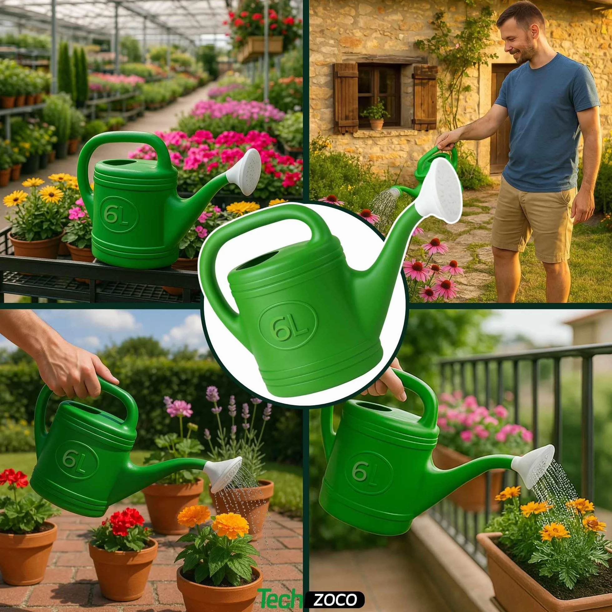 TECHZOCO Regadera de plástico, Regadera para Interior y Exterior, regadera de jardín, Diseño con Pico, Accesorio de riego, Asa de Transporte, Cabezal Efecto Lluvia, Verde, 6 litros