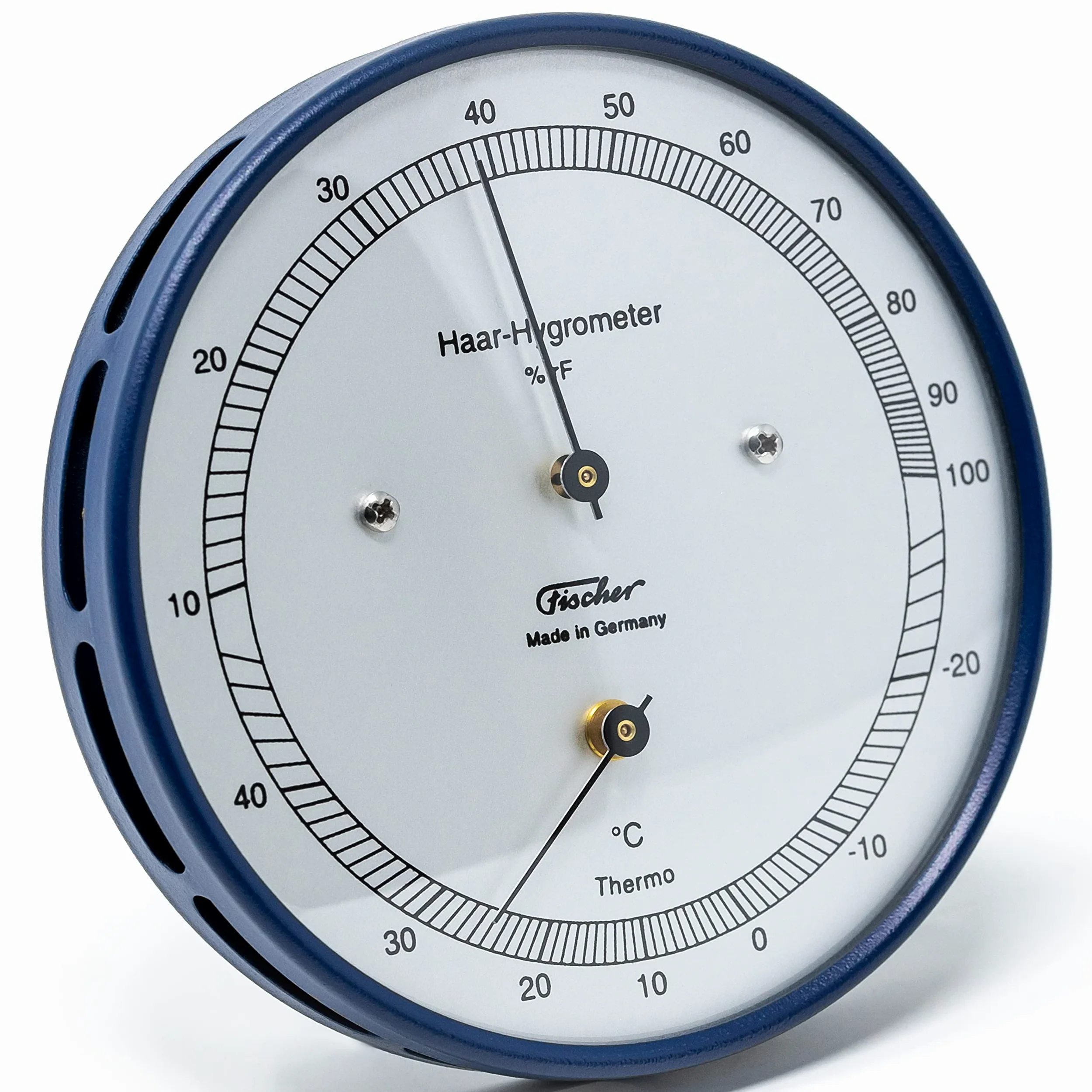 Fischer 111.48T – Higrómetro de pelo con termómetro – 103 mm – Medidor de humedad exterior fabricado en Alemania – Acero inoxidable azul