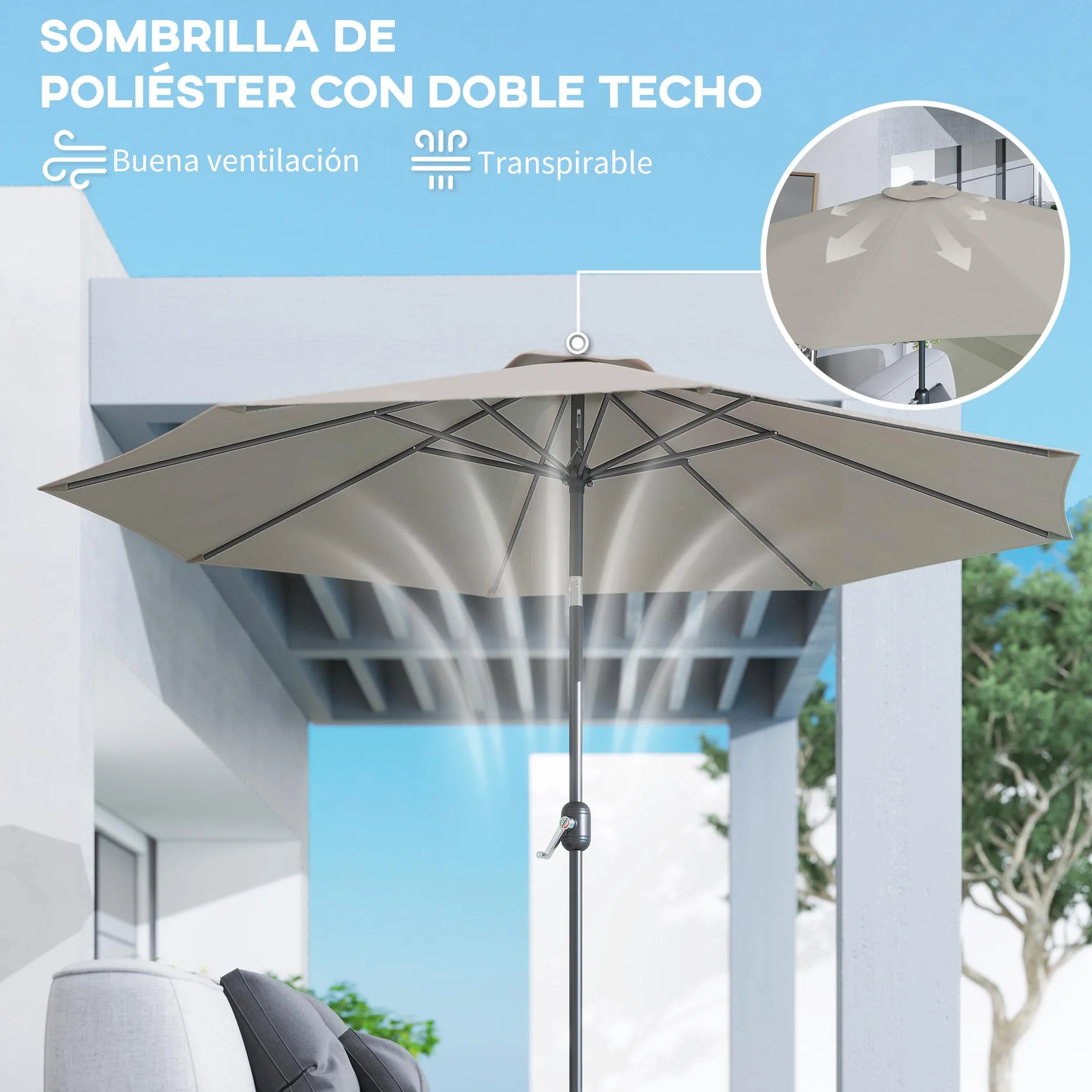 Outsunny Sombrilla de Jardín Ø300x250 cm con Manivela Parasol Exterior con Mecanismo de Inclinación y Poste Desmontable de Metal para Terraza Piscina Patio