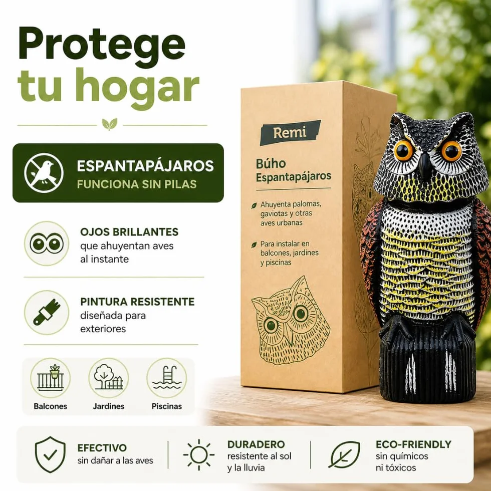 Remi Hogar Búho Espantapájaros Realista | Ahuyenta Palomas, gaviotas y Otras Aves urbanas | para Exteriores, Balcones, Jardines y Piscinas | Poliuretano | Respetuoso con el medioambiente y Fauna