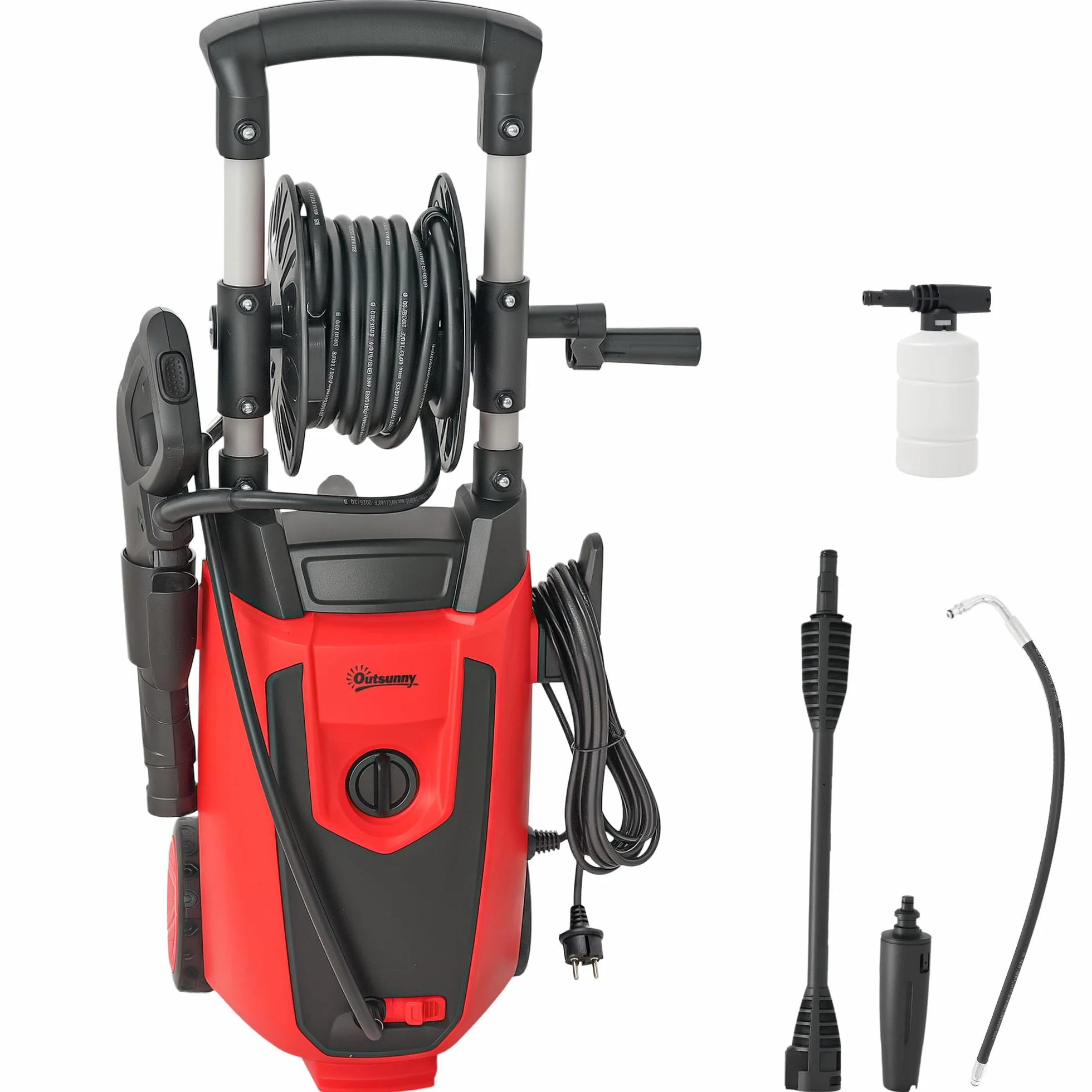 Outsunny Hidrolimpiadora de Alta Presión 1800W, Presión 150 Bar, Caudal 420 L/h, con Bomba de Aluminio, Parada Automática, Manguera de 6 m, Incluye Botella de Espuma y Boquilla Ajustable, Rojo y Negro