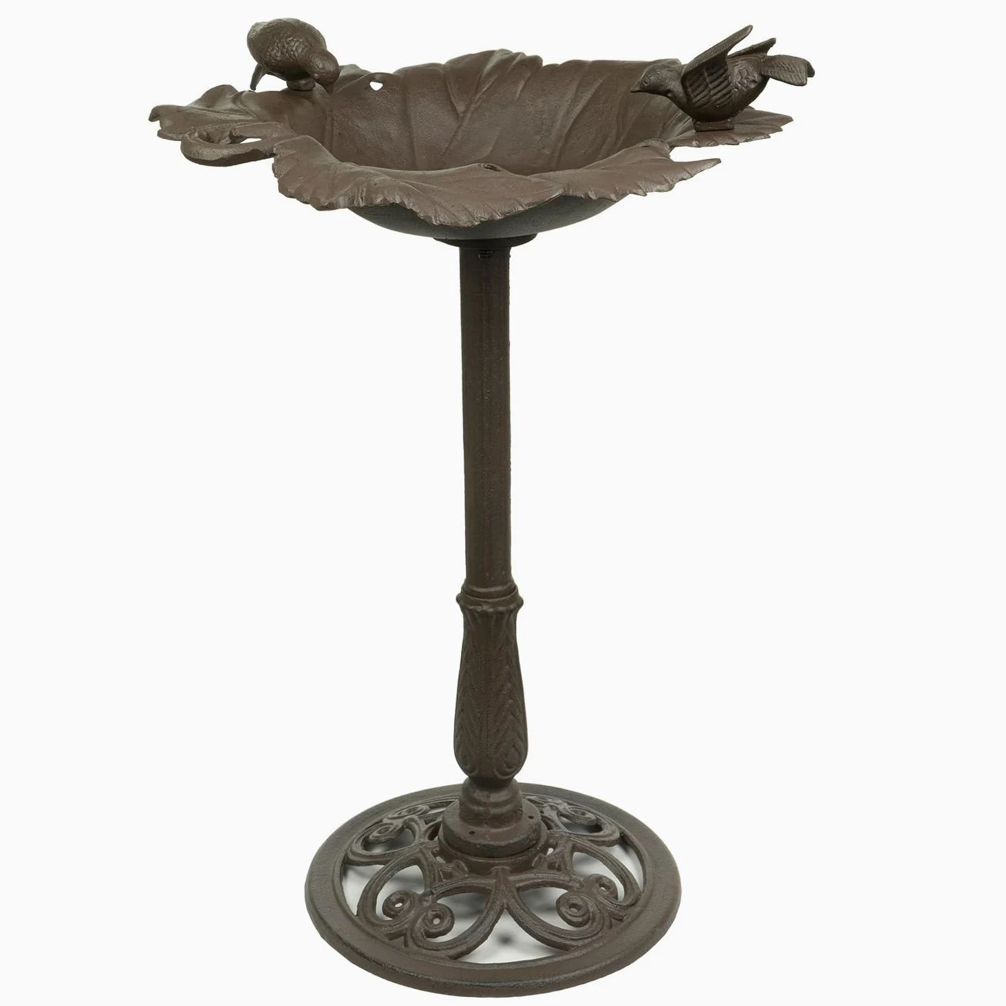 Moritz Bebedero para pájaros de 77 cm de alto, de hierro fundido, macizo, para jardín, forma de hoja, baño para pájaros con soporte, diseño antiguo