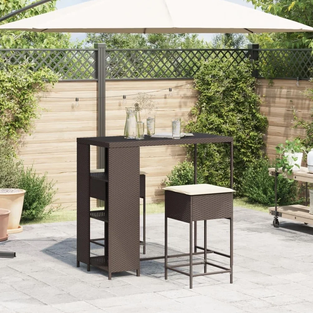 vidaXL Juego de Bar de jardín de 3 Piezas con Cojines ratán PE marrón, Mesa Alta y taburetes de Exterior, Juego de Bar, Juego de Muebles