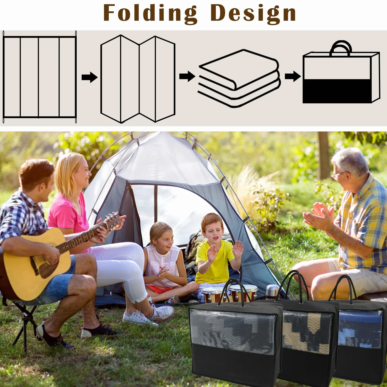 Alfombra de exterior geométrica de paja de plástico, protección UV, alfombra de terraza reversible, lavable, impermeable, para camping, jardín, para balcón, caravana, color negro y beige, 180