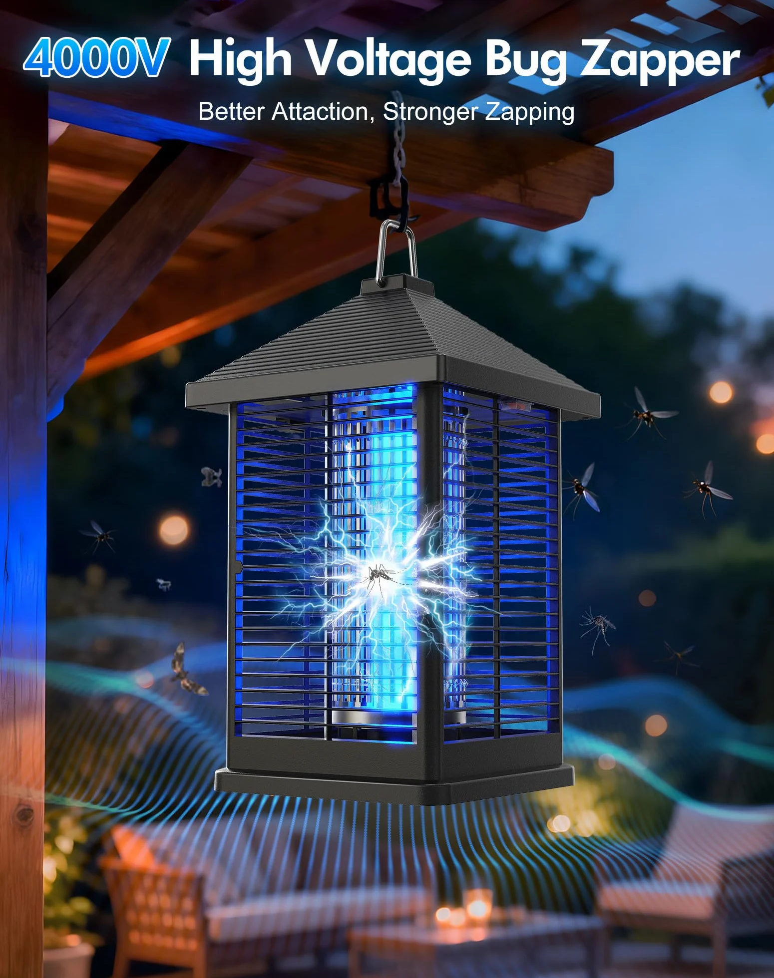 Lampara Antimosquitos Electrico 18W, 4000V Smart Auto Trampa Eléctrica De Insectos Voladores, Matamoscas 80 ㎡ Cobertura Uso Interior Y Exterior, Terraza, Patio Trasero, Campamento, Hogar