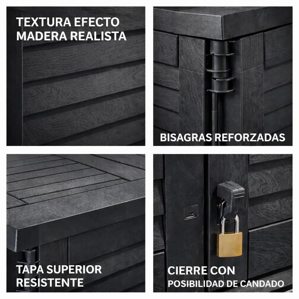 Acomoda Textil - Baul de Almacenaje Exterior 117X74X110 cm con 2 Puertas y Tapa Superior. Arcon de 780 Litros de Exterior para Cubos Basura, Herramientas, Accesorios para Terraza Patio o Jardín.