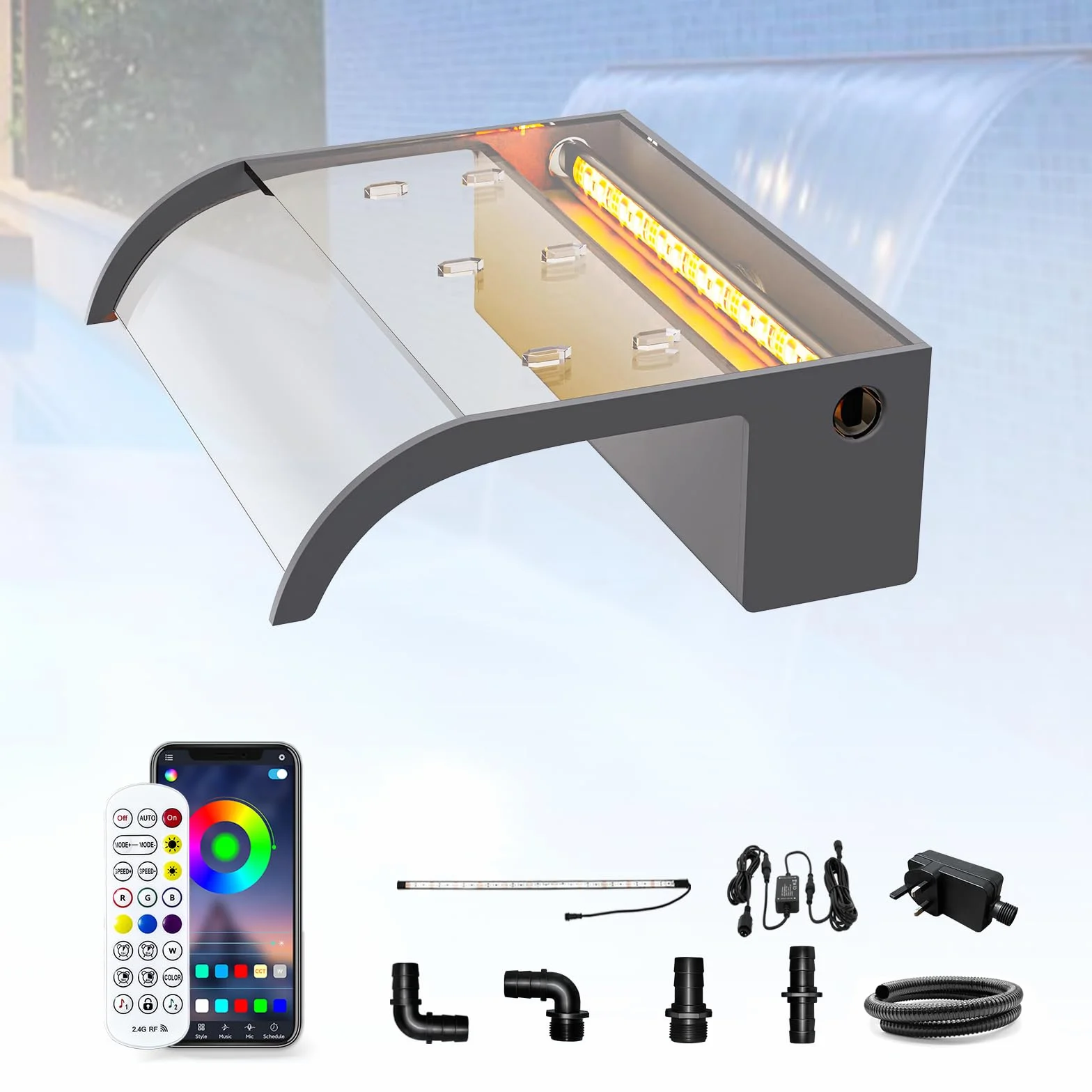 LONGRUN Kit de Cascada de Piscina 30 cm, Fuente de Estanque Acrílico con Luz LED RGB Bluetooth 25,5 cm