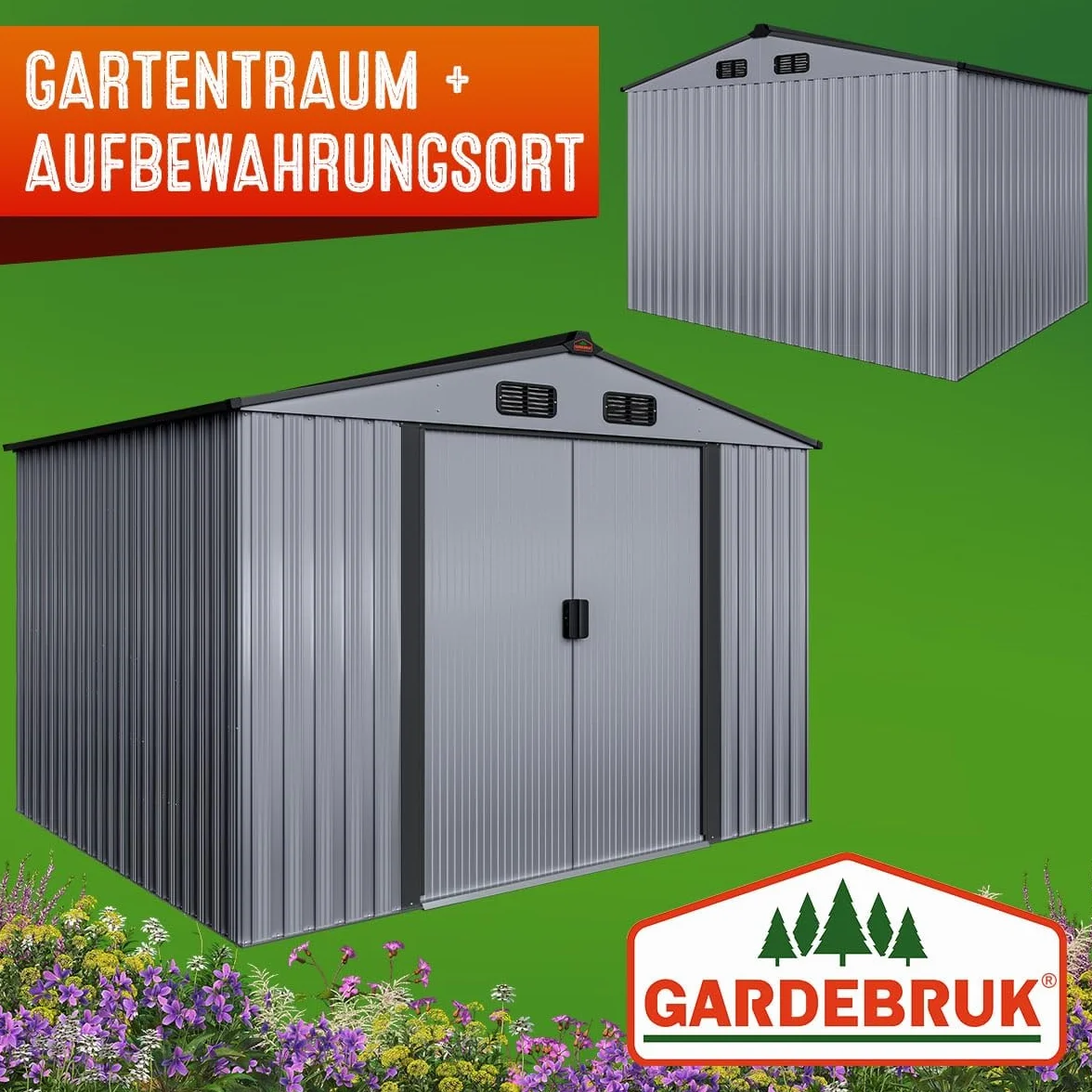 GARDEBRUK® Cobertizo de Jardín XXL Caseta Exterior 5m² con Base 260x205x180cm 9m³ Puerta Corrediza Gris Metálico