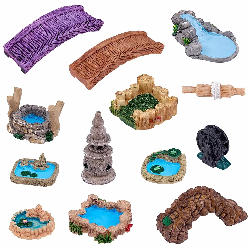 GORGECRAFT 12pz 12 Estilos de Puente de Jardín En Miniatura de Resina Minifaro Rueda Hidráulica Pozo Piscina Adornos de Construcción Puentes de Hadas Pequeñas Estatuas para Manualidades de Bricolaje