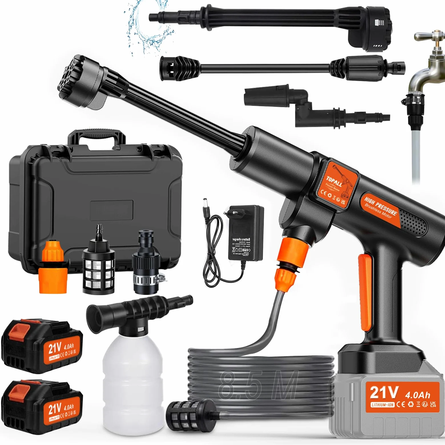 TOPALL Hidrolimpiadora Bateria Portatil,Press & Clean Pistola Lavado,Máximo 45Bar/652PSI,Pistola de Agua a Presión con Batería de 2 * 4.0Ah | Manguera de 8.5M | 6 en 1 Boquilla |Giratoria Boquilla