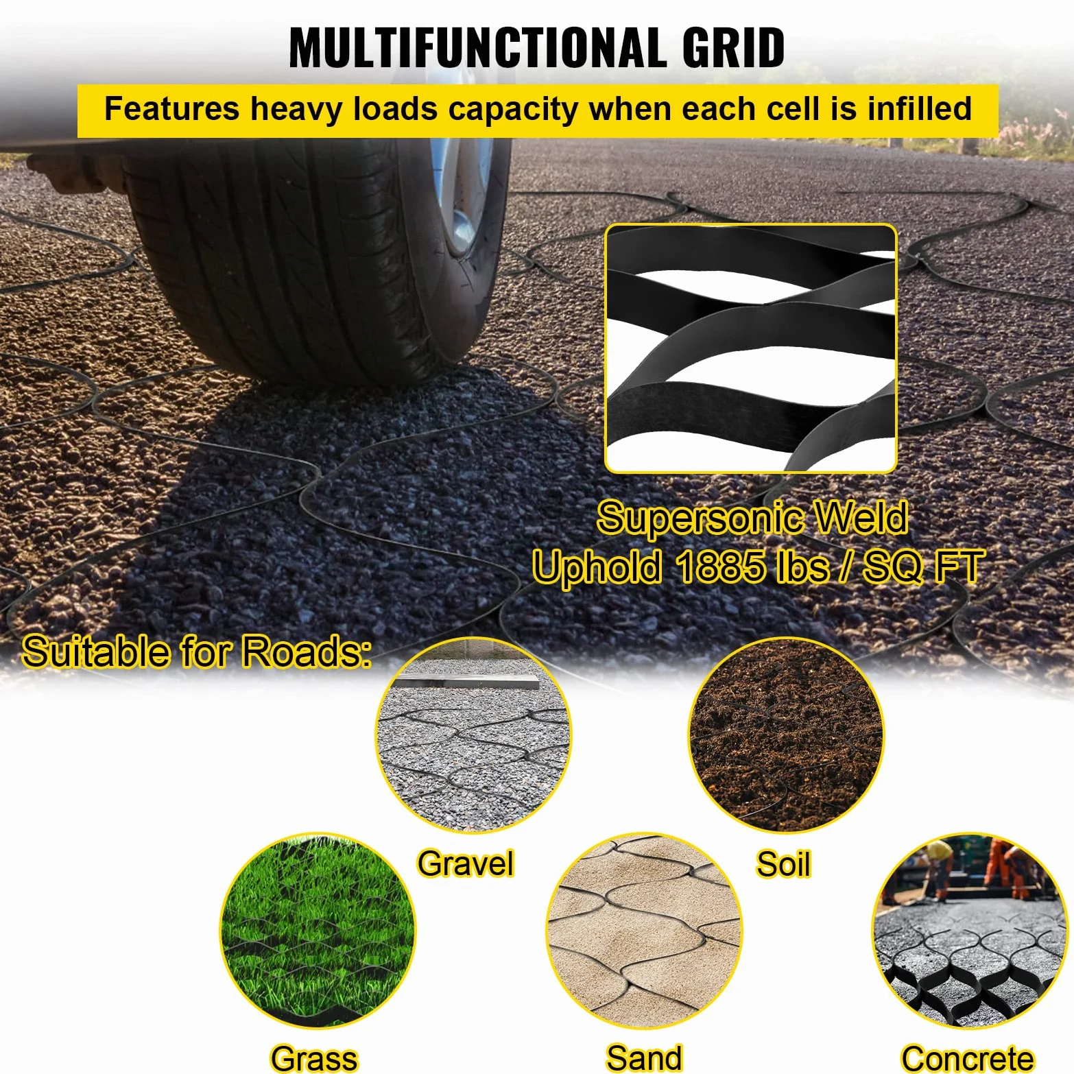 VEVOR Estabilizador de Grava 1885 lbs/pies2 Rejilla de Suelo Permeable 8,2m x 1,2m x 5,1cm para Entrada
