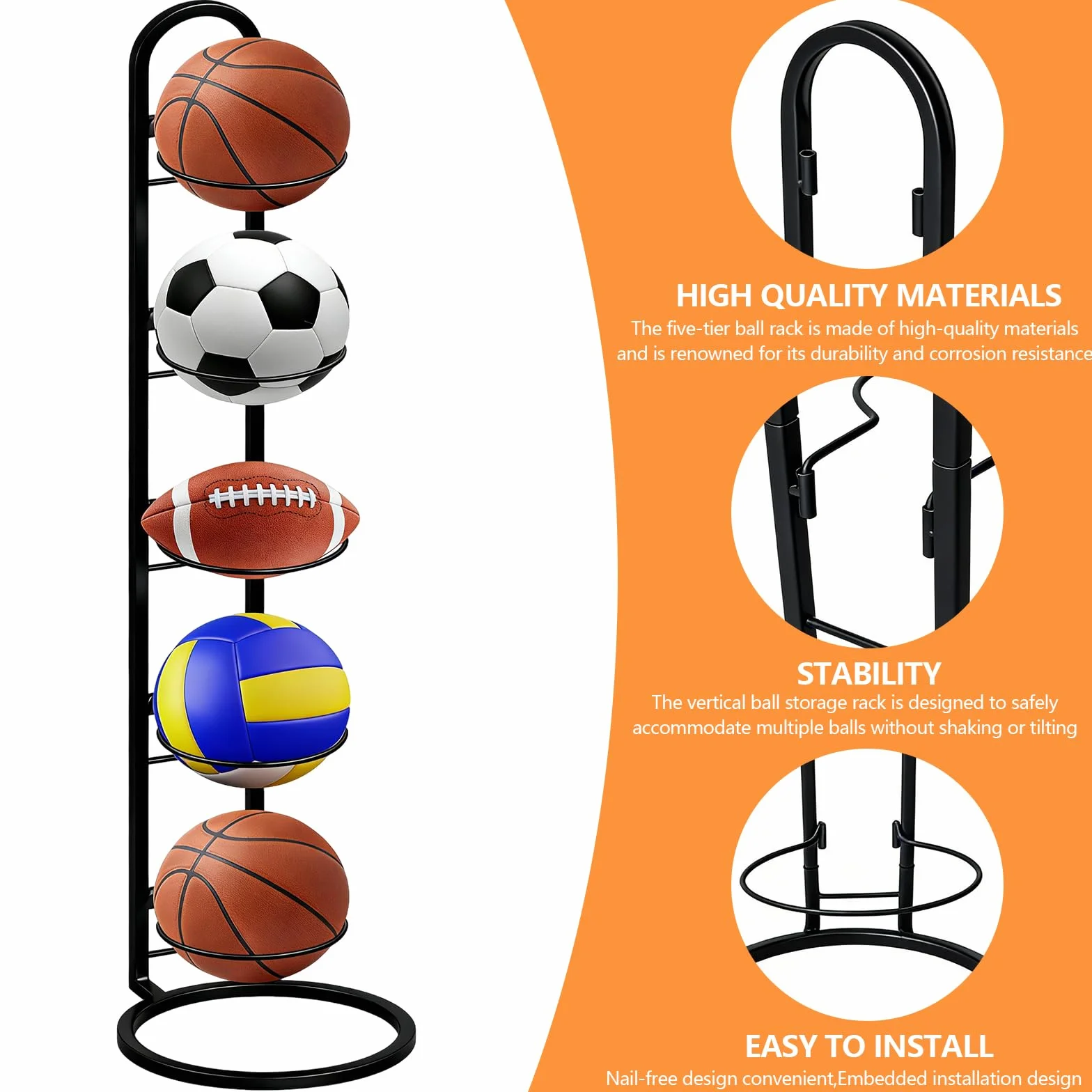 5 Niveles Soporte de Bola de Metal Negro, Estante Almacenamiento Balones Fútbol, Voleibol