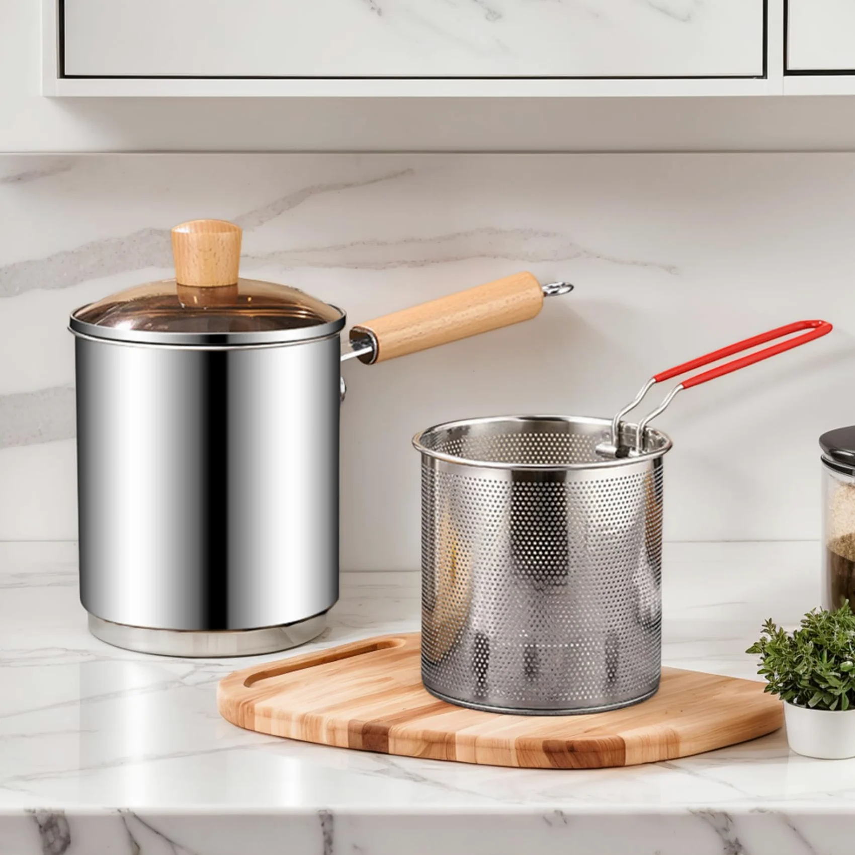 Freidora de acero inoxidable 3L con cesta colador y tapa visible para pollo y papas fritas