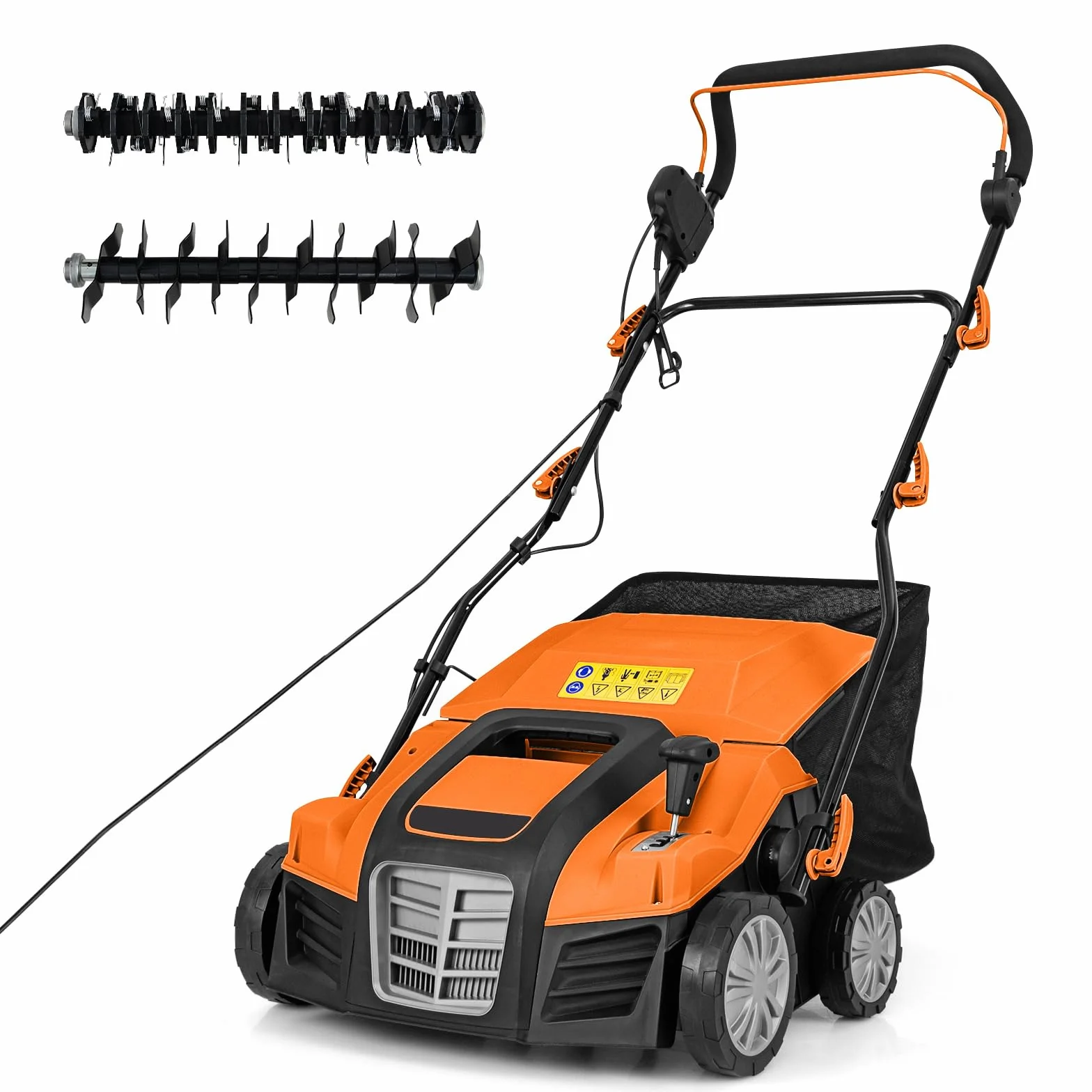 GOPLUS Escarificador Eléctrico, Cortacésped de Empuje con Ajuste de Profundidad de 5 Posiciones, Bolsa de Recolección Desmontable 55 L, Rastrillo Eléctrico Plegable para Cuidado del Césped (Naranja)