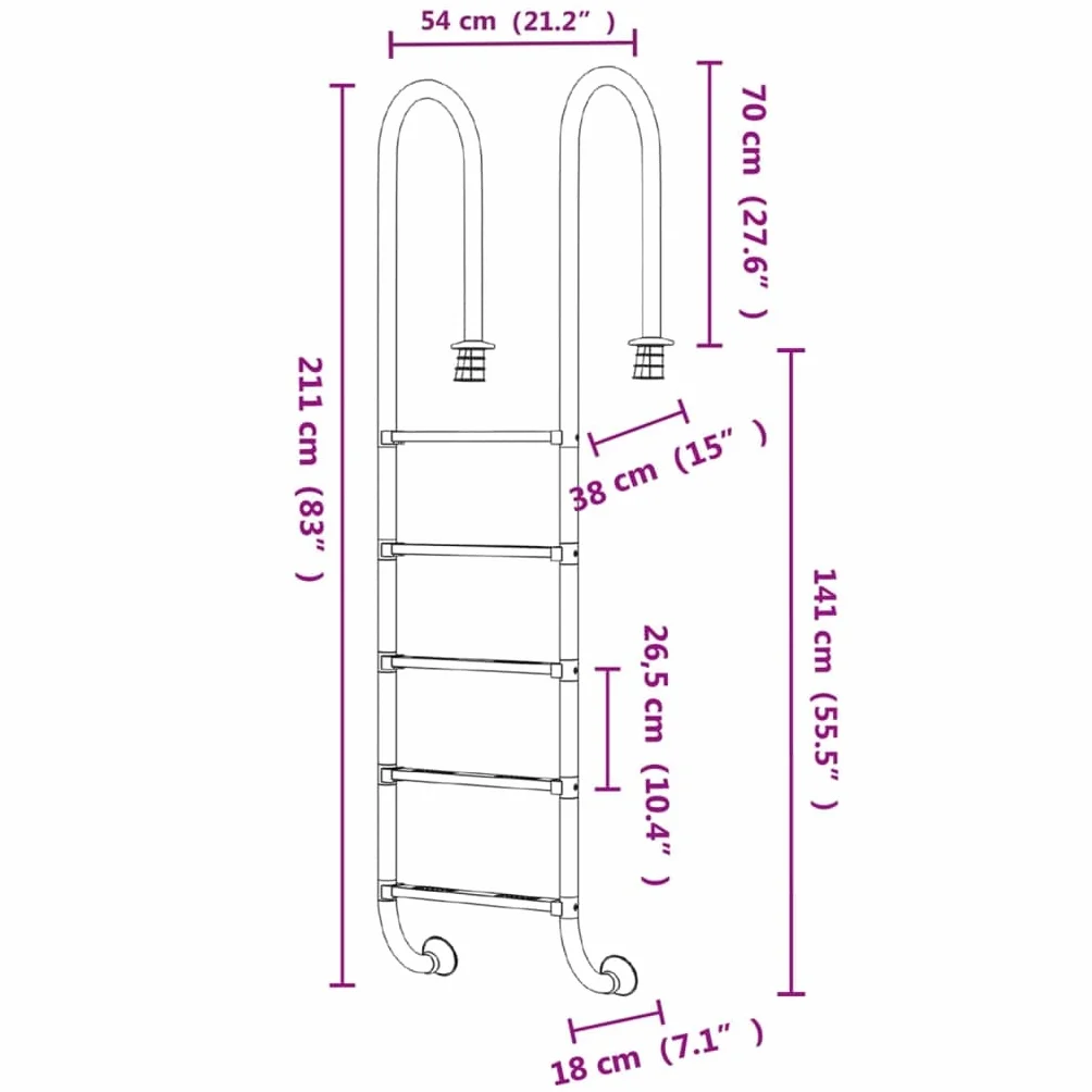 Escalera de piscina de acero inoxidable 304, 54 x 38 x 211 cm, con 5 peldaños antideslizantes, pasamanos y soporte, escalera de piscina para piscinas empotradas, escaleras de piscina como ayuda de