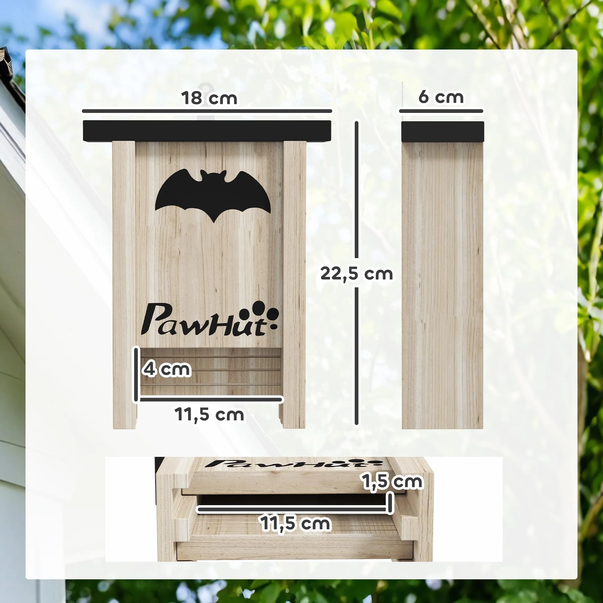 PawHut Pack de 3 Casas para Murciélagos de Madera Maciza, Cajas para Murciélagos, Resistente a la Intemperie, para Exterior, Jardín, Huerto o Granja, con Plataforma de Aterrizaje, Fácil de Colgar