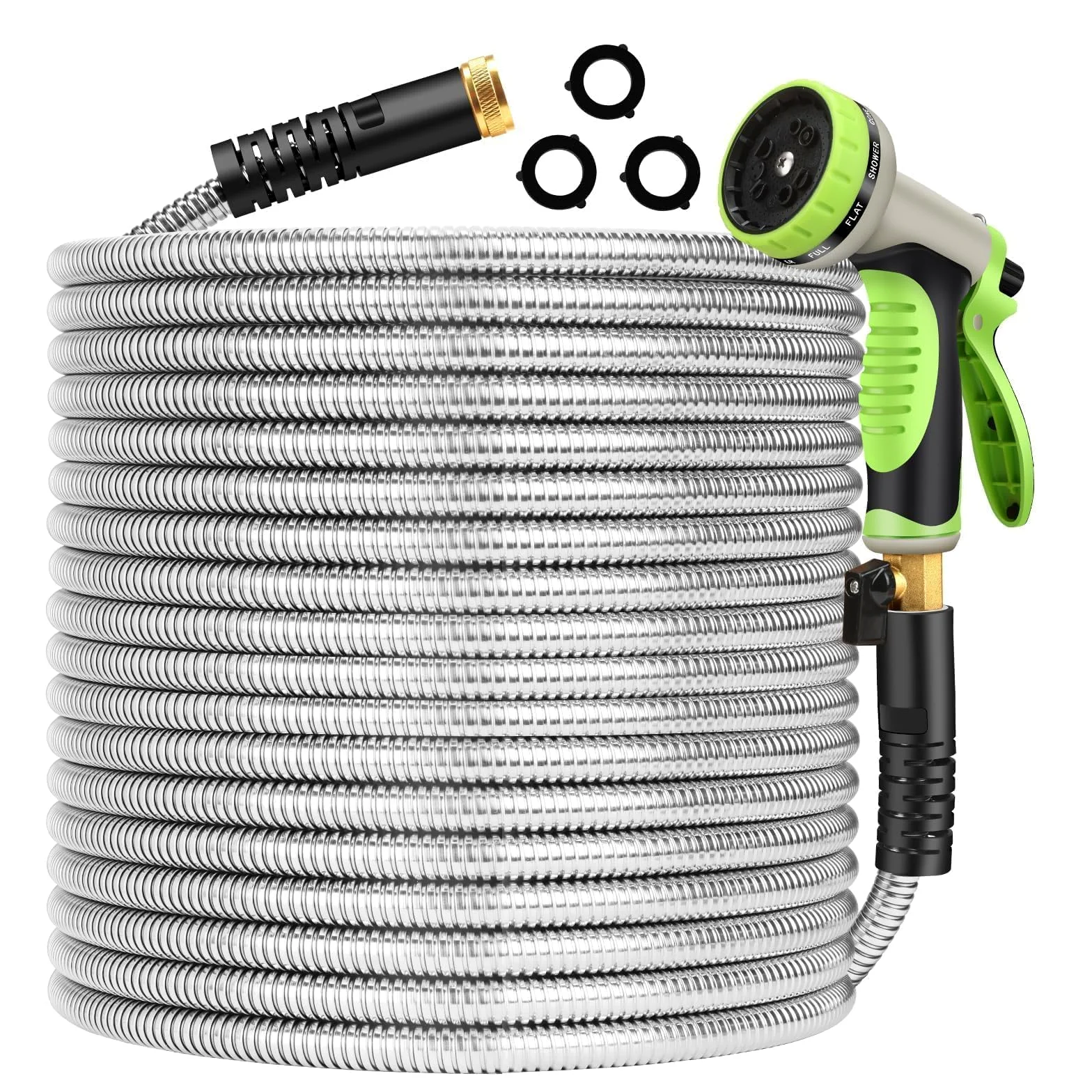 Manguera de jardín de metal flexible de acero inoxidable de 50 pies, resistente, ligera, fuerte, duradera, sin torceduras, manguera larga con boquilla de 10 funciones para patio al aire libre