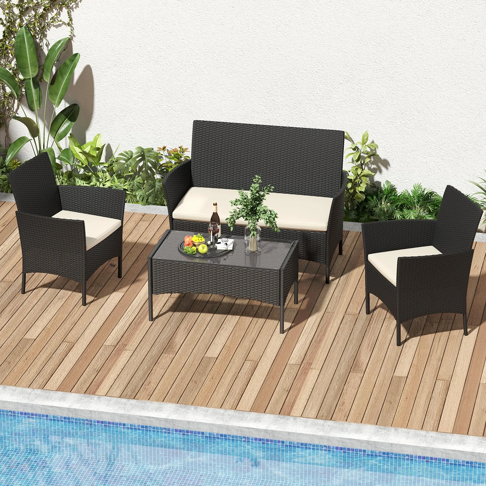 bigzzia Juego de muebles de jardín, salón de ratán, 4 asientos con mesa, 2 sillones y sofá de 2 plazas, negro
