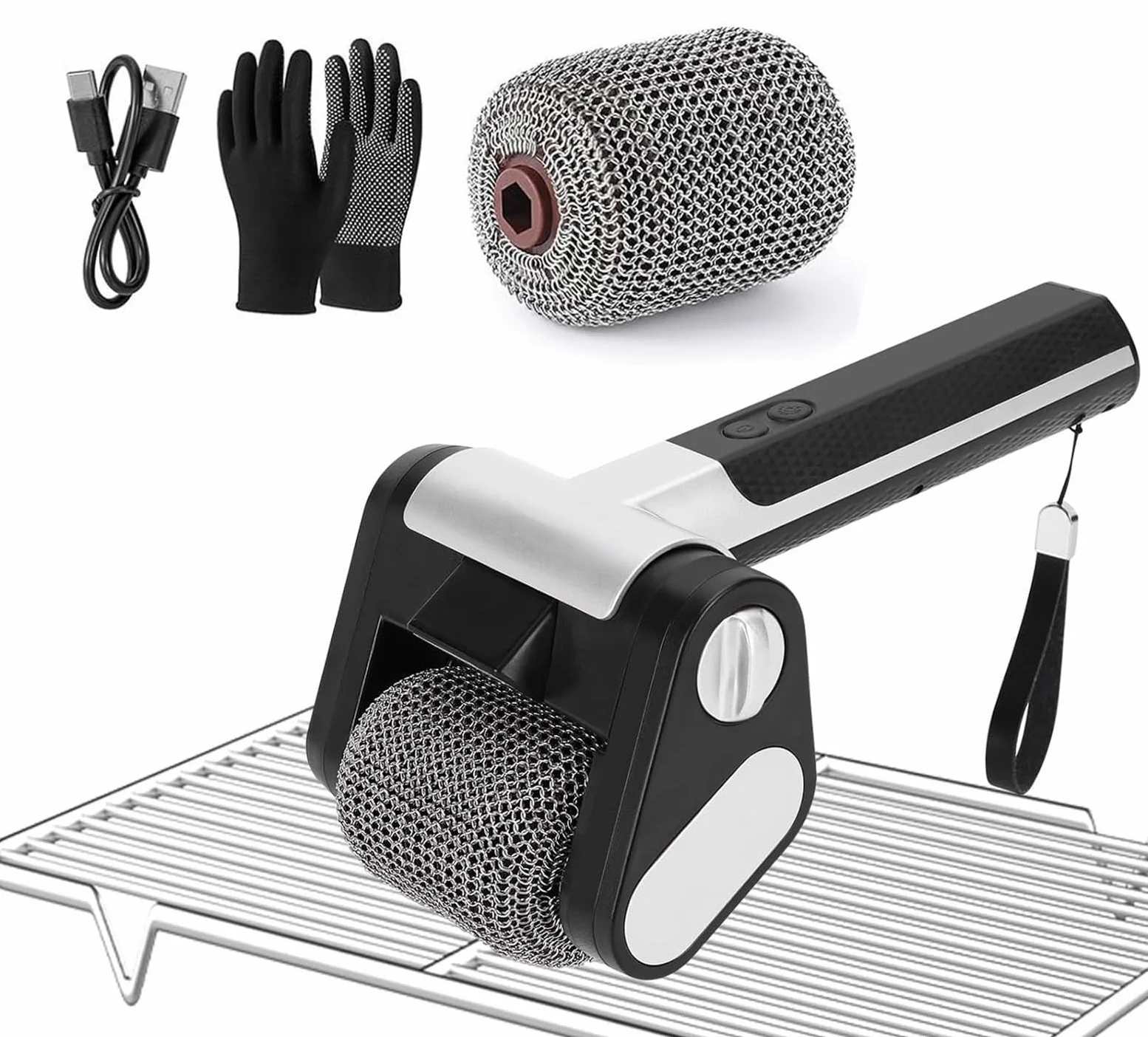 Limpiador eléctrico de parrilla, cepillo recargable para barbacoa con rodillo de acero inoxidable de 350 RPM y luz LED, herramienta sin cerdas para una limpieza eficiente de barbacoas y parrillas