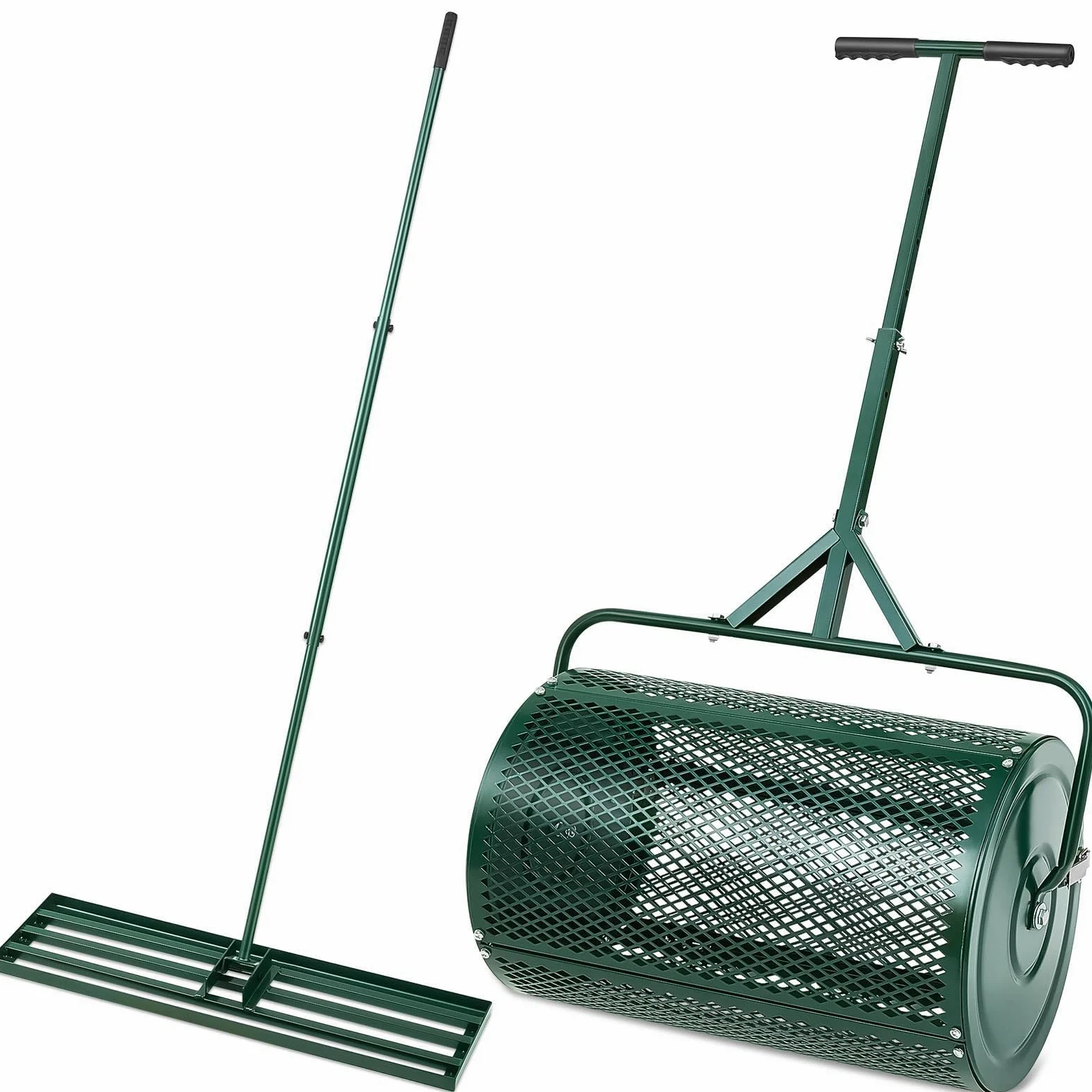 Juego de cuidado de jardín para césped: esparcidor de abono y rastrillo nivelador de césped, esparcidor de 24 pulgadas con mango en forma de T para un mantenimiento eficiente del patio, diseño de