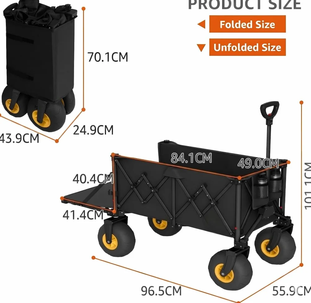 ROSONG Carro Playa Plegable con Ruedas Grandes Todoterreno Carrito Transporte Plegable Puerta Trasera Abatible Carro para Playa Camping Jardín,Negro