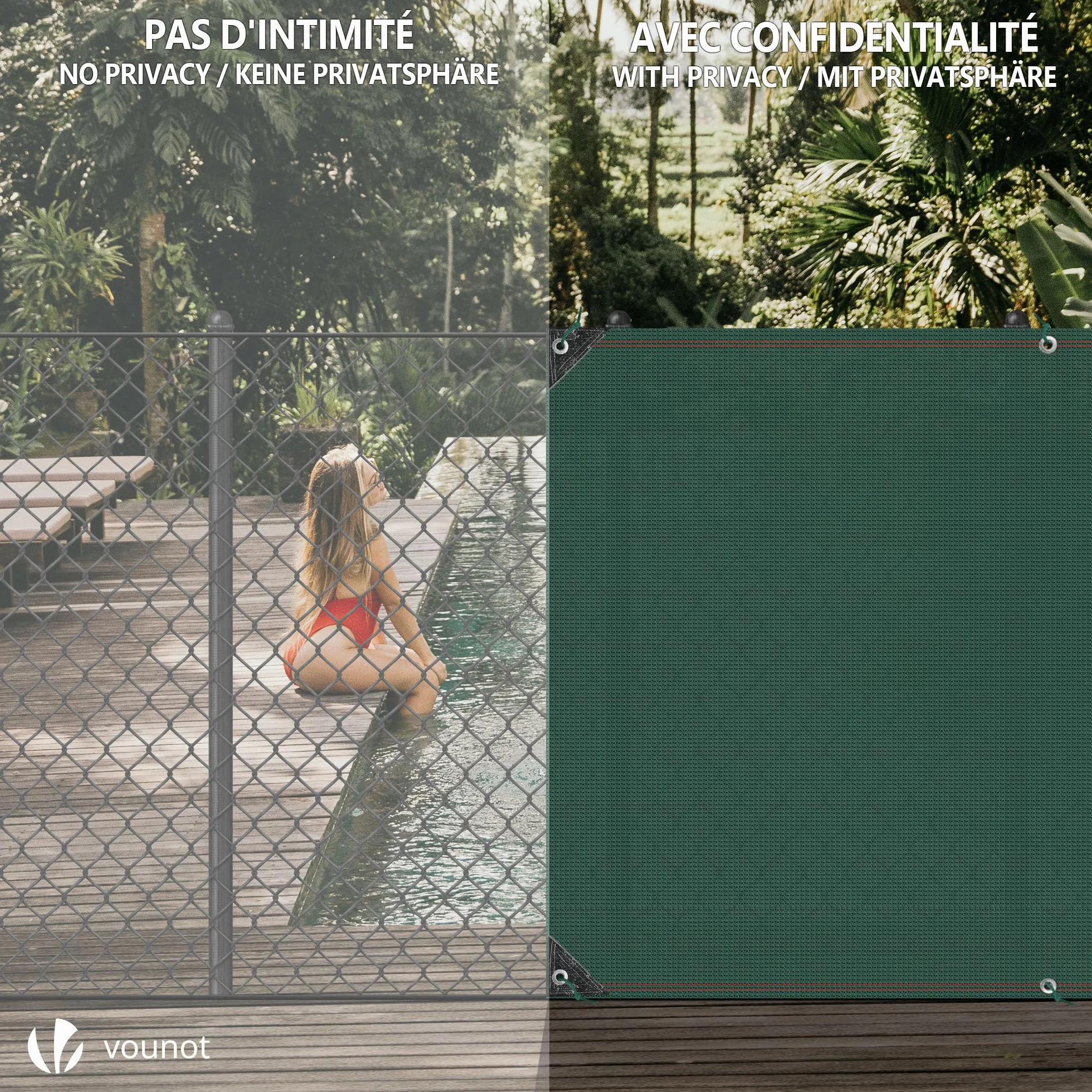 VOUNOT® Malla Sombreo y Ocultación 1.5×10m, Valla Privacidad 230 g/m² HDPE Protección UV, Red de Sombra con Bridas, para Jardín, Huerto, Balcón, Verde