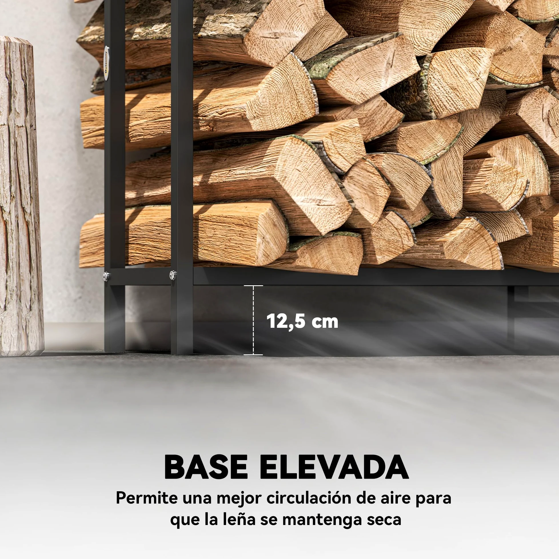 Outsunny Estante de Leña Metálico, 200x30x120 cm, Carga 300 kg, Leñero Exterior con Marco de Acero, Patas Extra Reforzadas y Diseño Recortado de Fogata, Soporte para Leña de Chimenea, para Jardín