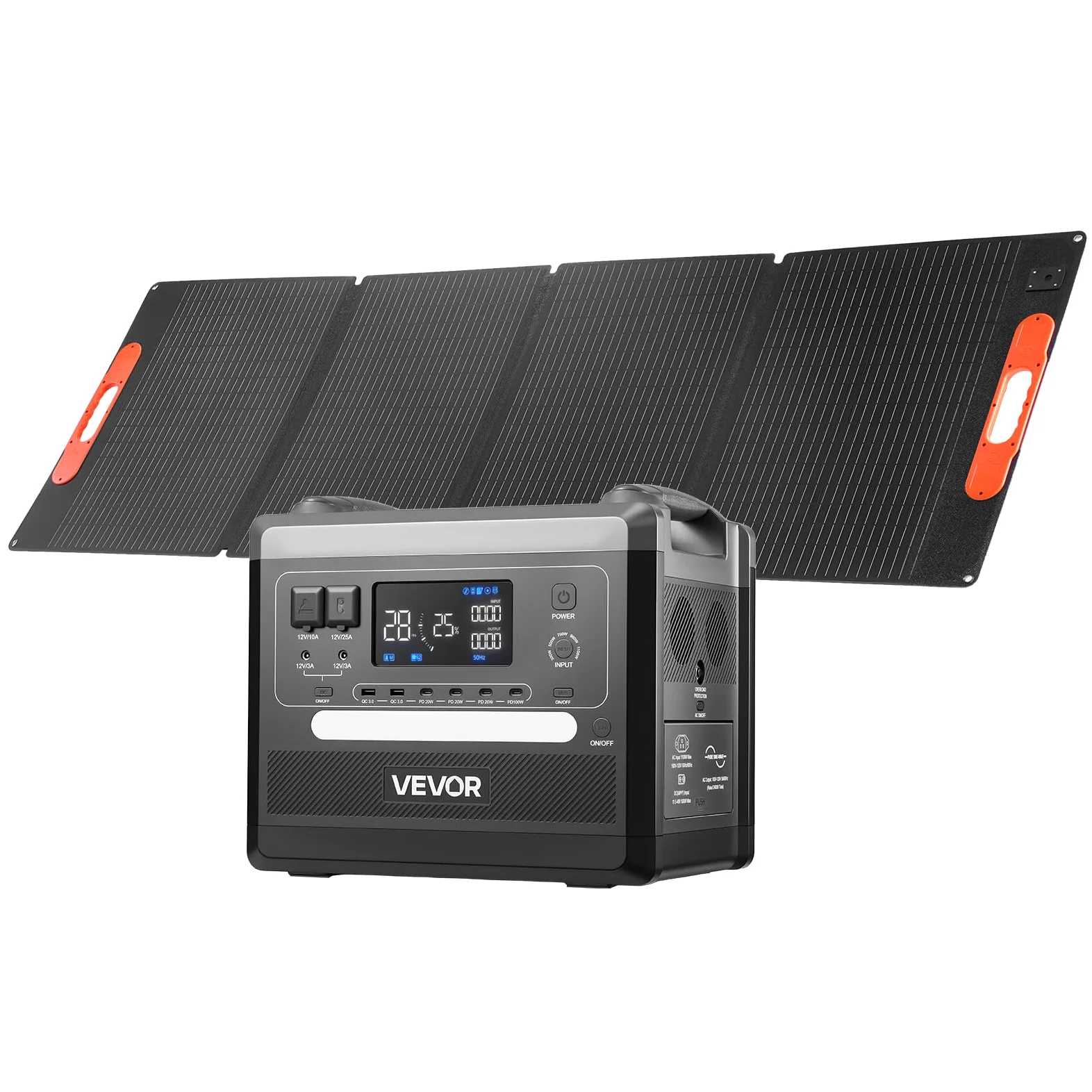 VEVOR Estación de Energía Portátil 2160 Wh y 2400 W, Panel Solar Plegable de 200 W para Camping y Autocaravanas, 10 Puertos de Salida, con 5 Niveles de Potencia Seleccionables de 300 W a 1100 W