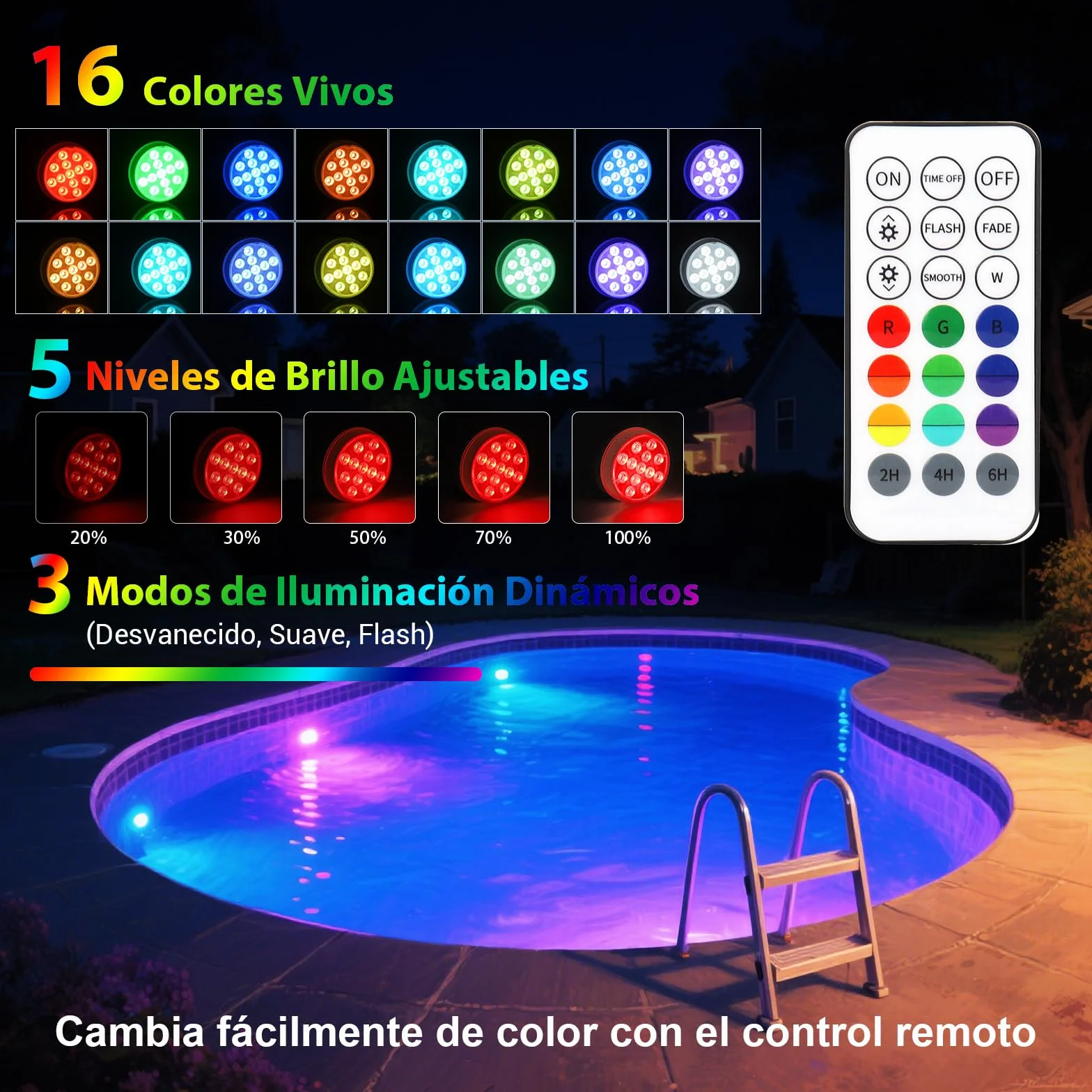 Iluminación subacuática para piscina, magnética, LED, con mando a distancia, IP68, LED, resistente al agua, para piscina, estanque, acuario, iluminación, 4 unidades