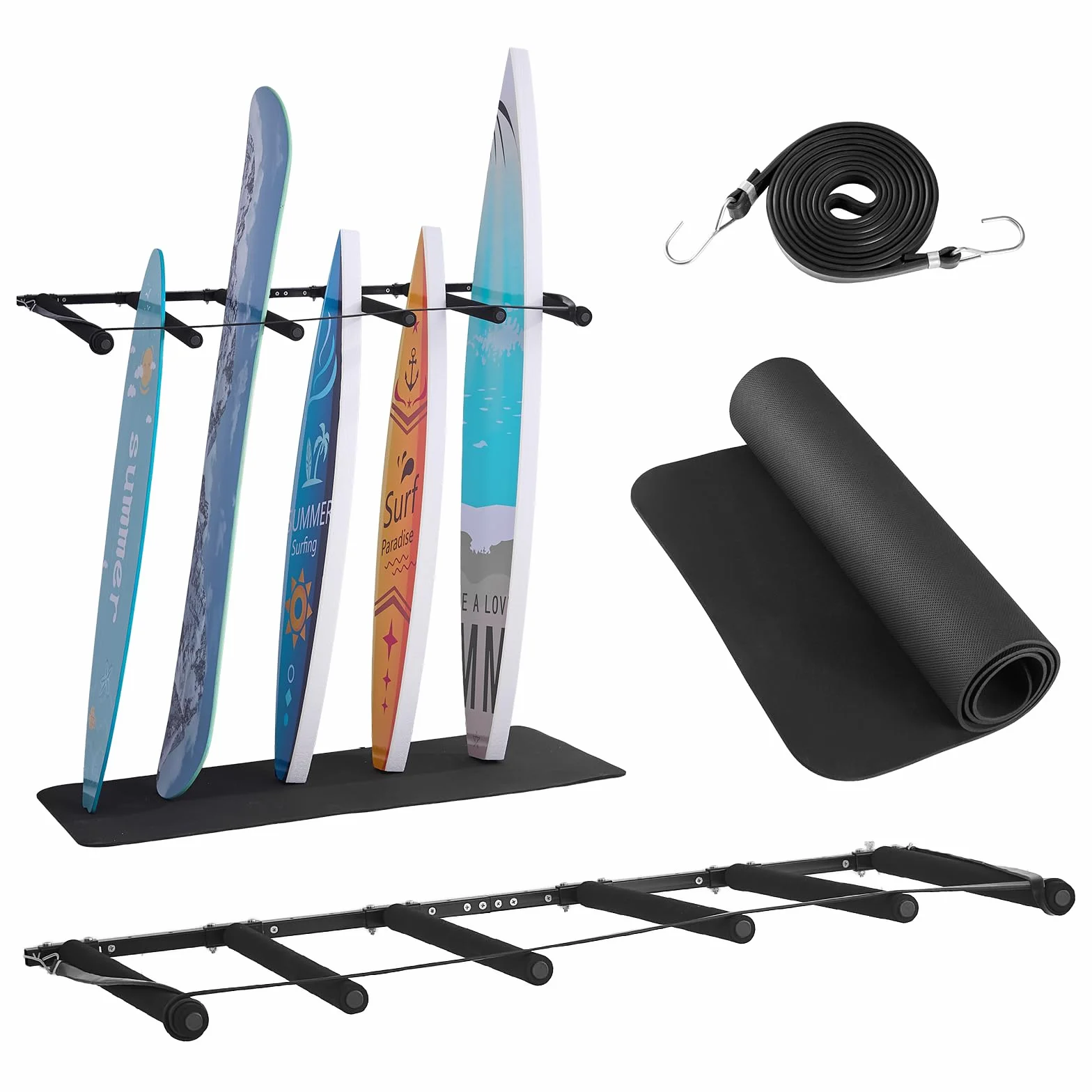 VEVOR Soporte de Pared para Tablas de Surf de 5 Niveles, Organizador Ajustable Negro