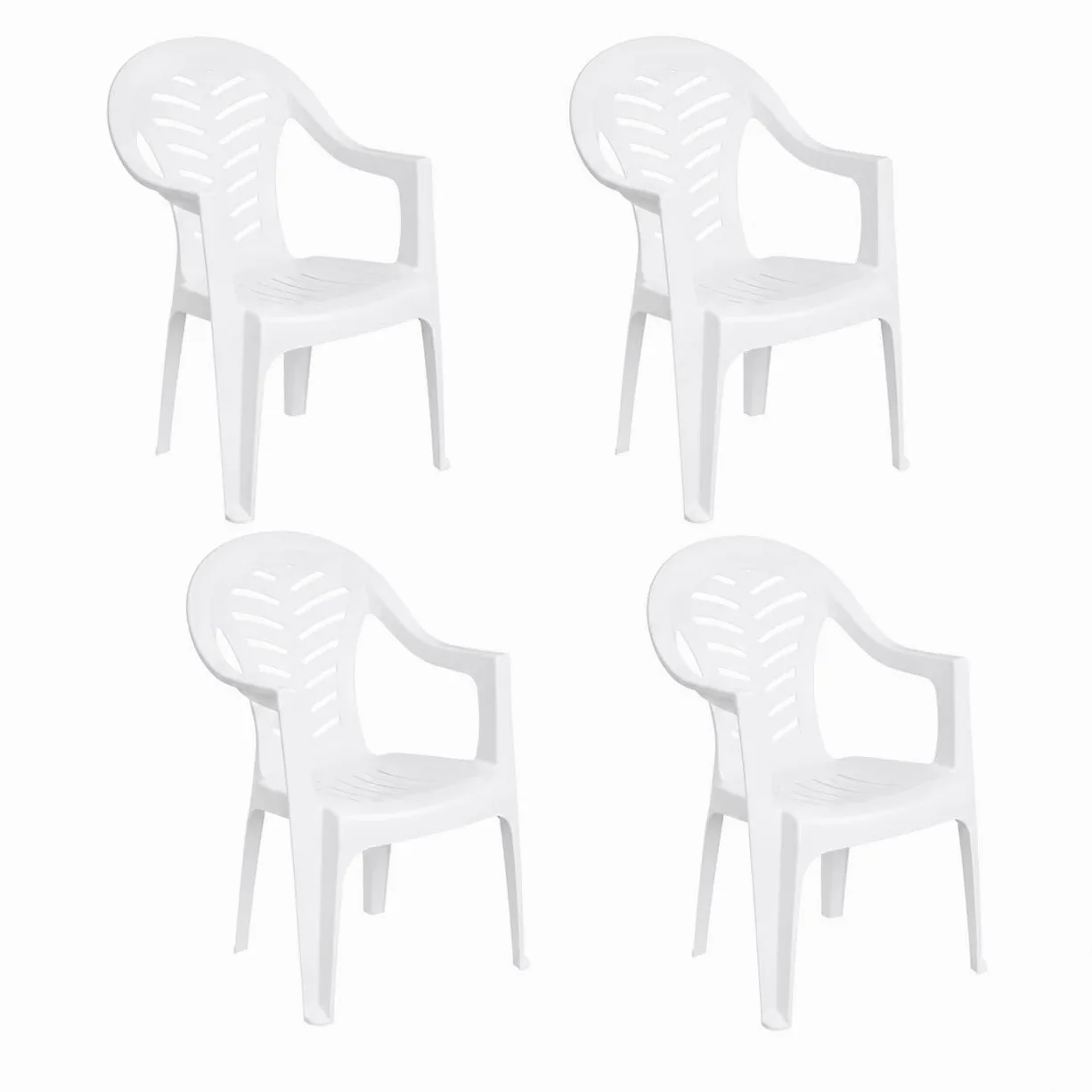 Pack 4 Sillas Jardín para Exterior de Plástico Apilable Blanca con Reposabrazos | para Jardín, Terraza, Playa y Camping | Silla Ergonómica de PVC, Cómoda y Resistente