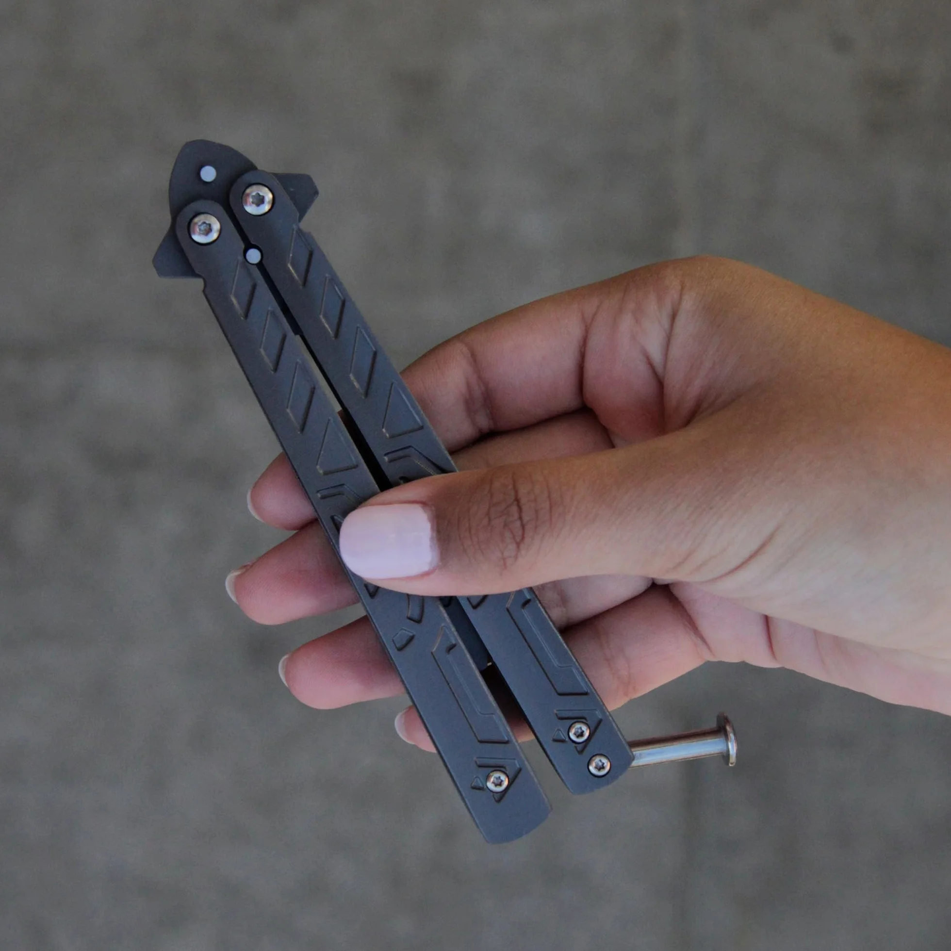 Navaja Mariposa Entrenamiento Acero Inoxidable Sin Filo Plegable Negro Plata