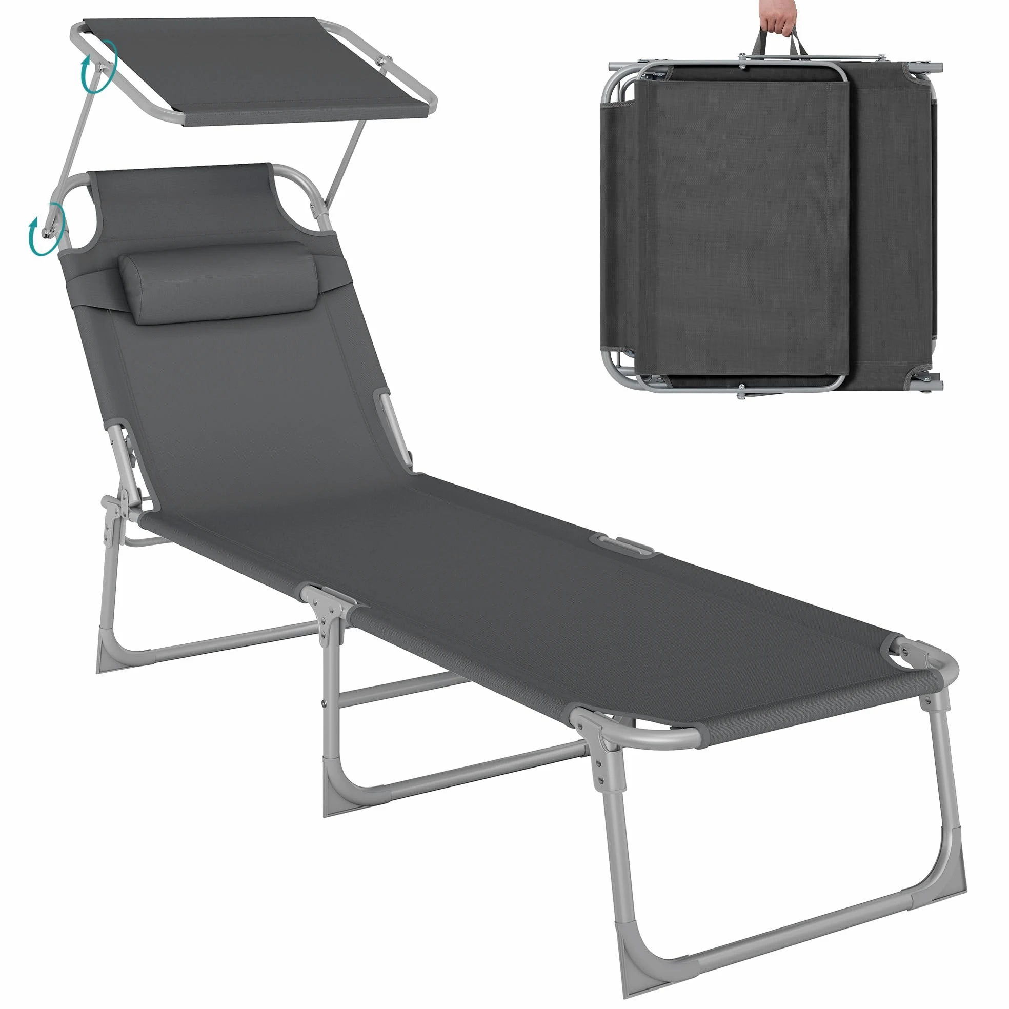 SONGMICS Tumbona, Tumbona Reclinable, 193 x 53 x 29 cm,Carga de 150 kg, con Reposacabezas de Protección Solar y Respaldo Reclinable, para Terraza, Piscina, Jardín, Gris Oscuro GCB19UV1