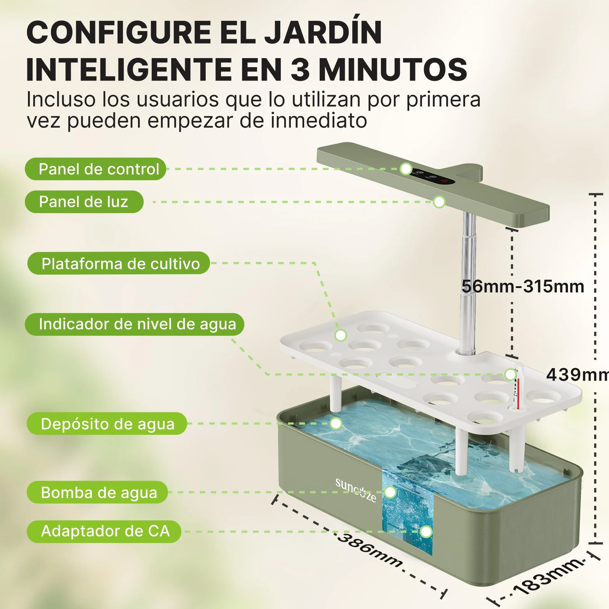 SUNCOZE Sistema de Cultivo Hidropónico Kit de Cultivo Interior con Iluminación LED Automática, Smart Garden 12 Pods, Altura Regulable, depósito de Agua de 4 l, Bomba silenciosa