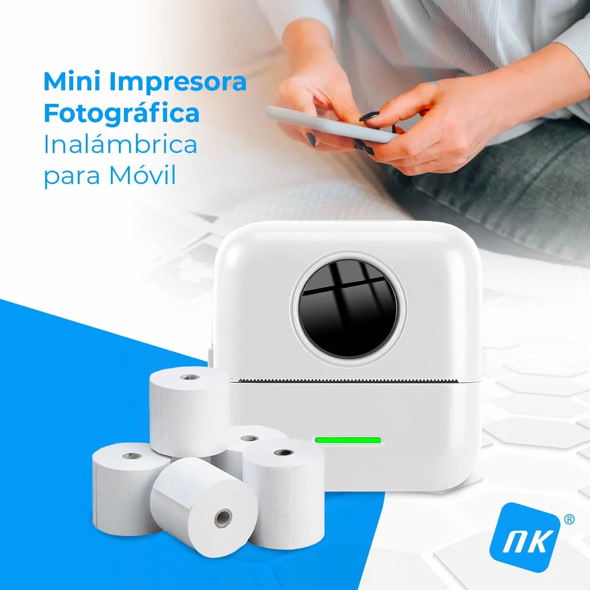 NK Impresora Fotográfica Portátil Mini Térmica Inalámbrica con 5 Rollos de Papel, USB, iOS y Android, Blanco