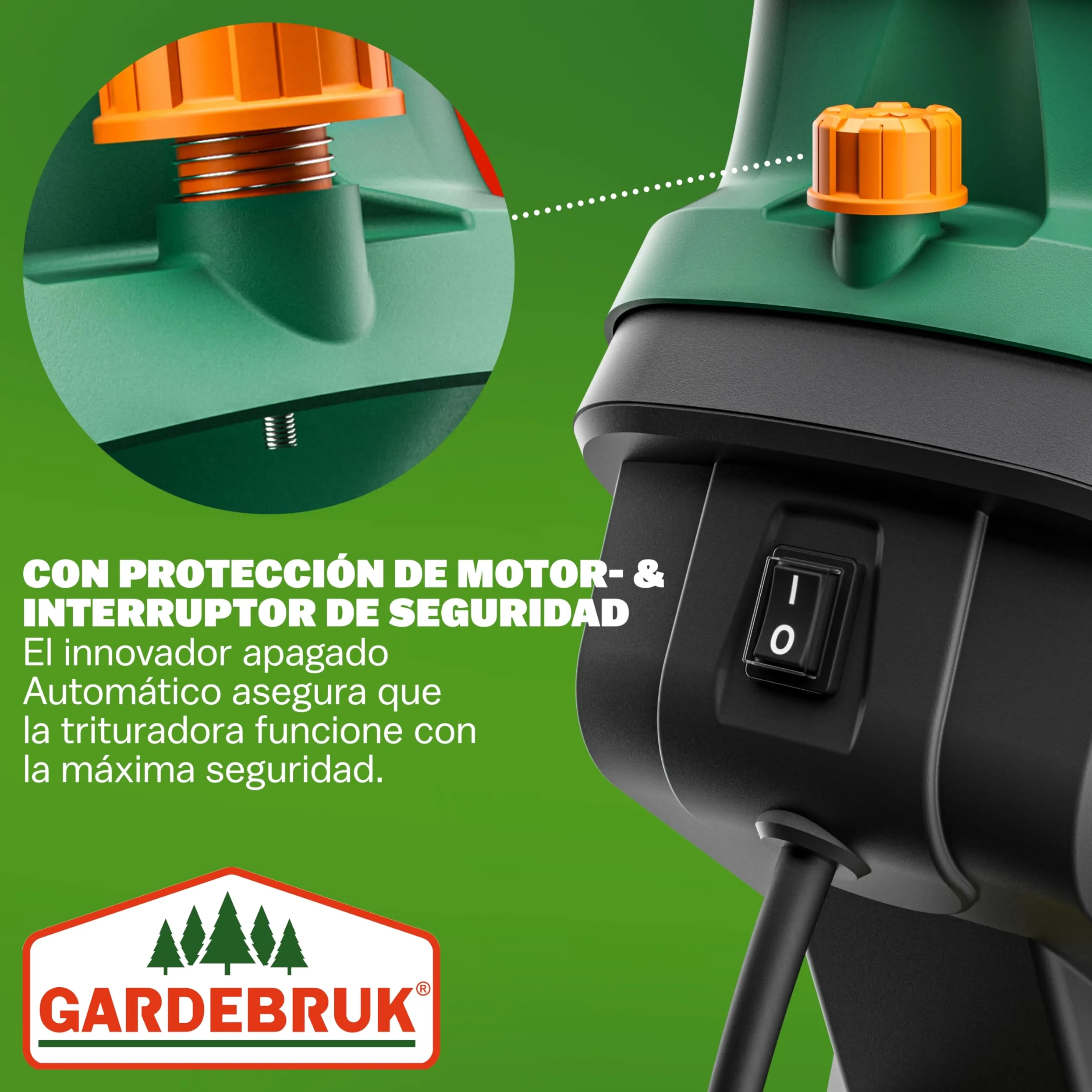 GARDEBRUK® Trituradora de Ramas Ø45mm, Triturador Electrico Jardin, Corta Troncos Leña, 2400W, Bolsa de Recolección 50L, Cuchillas de Acero, Residuos