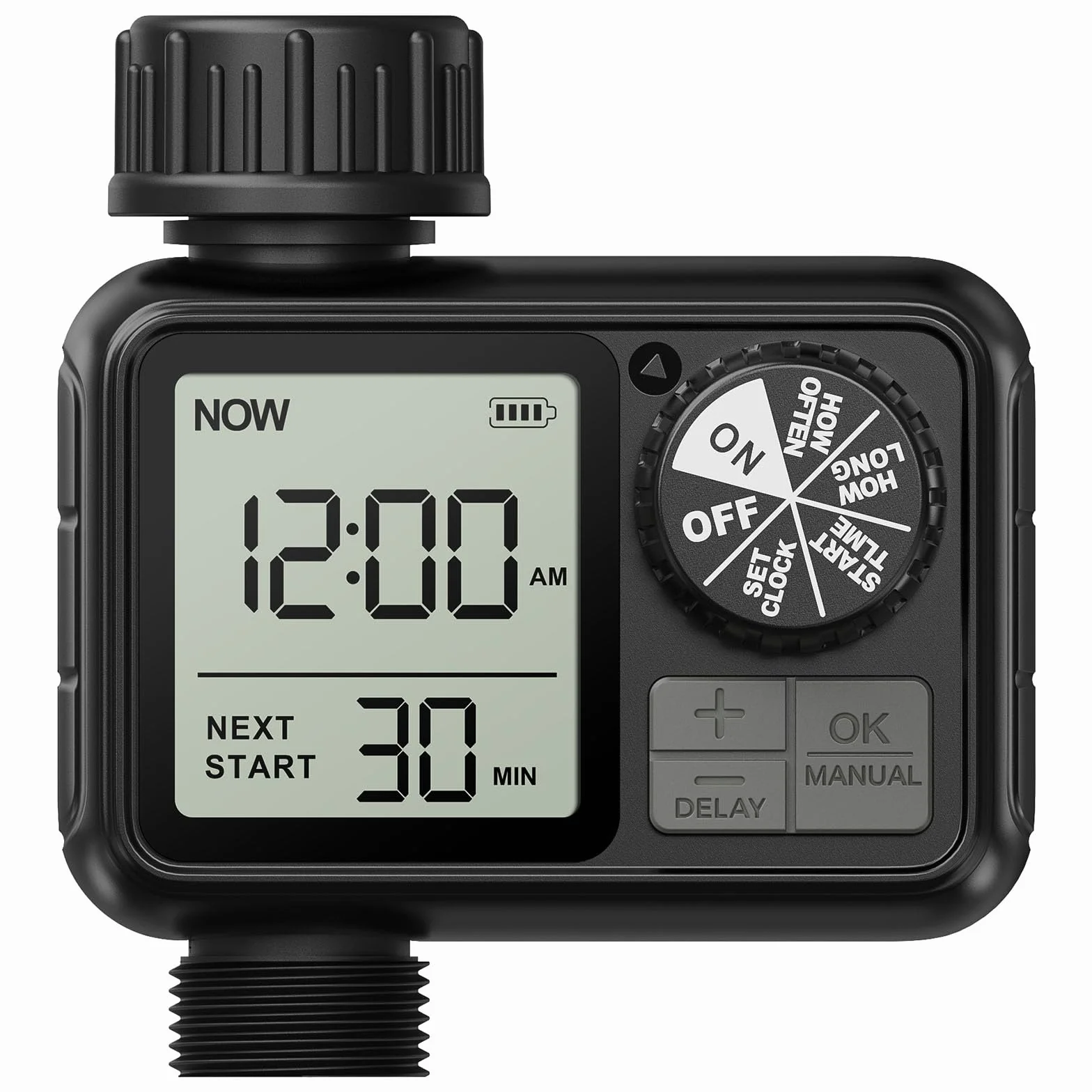 Ordenador de riego, Reloj de riego con retardo de Lluvia/Modo automático y Manual, IPX5 Resistente al Agua/Pantalla Grande Pantalla LCD Temporizador de Agua para jardín césped (1 Salidas)