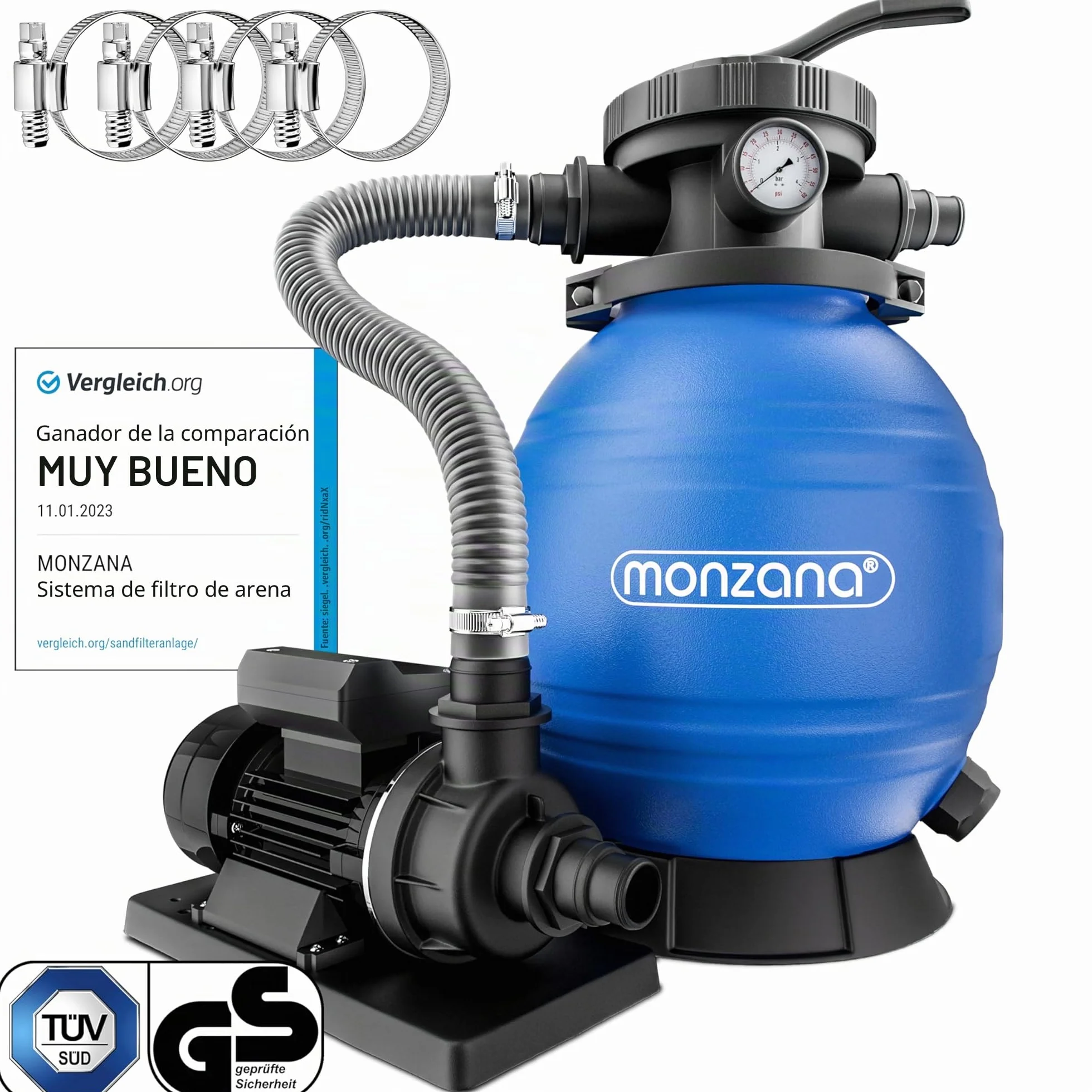 MONZANA® Depuradora Piscina 10.200 L/h Filtro de Arena hasta 35.000 L Bomba 400W Válvula 7 Funciones Filtrado Adaptador Ø32-38 mm Indicador de Presión