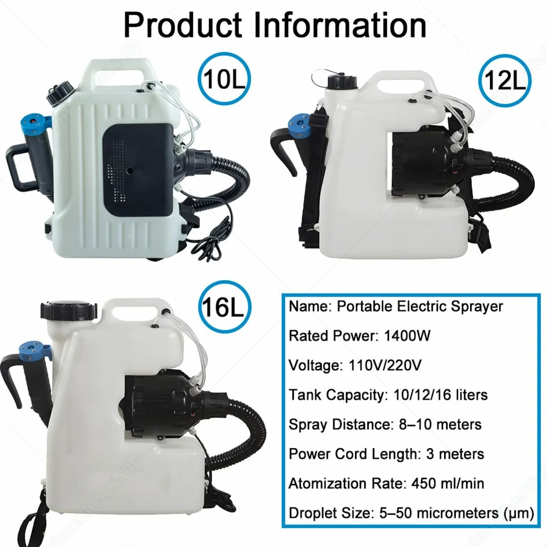 Máquina Nebulizadora Eléctrica Pulverizador Mochila,1400w 16L | Atomizador Comercial con Manguera Telescópica,Alcance Pulverización 8–10 M,para Jardín,Hogar,Hoteles Interiores Exteriores