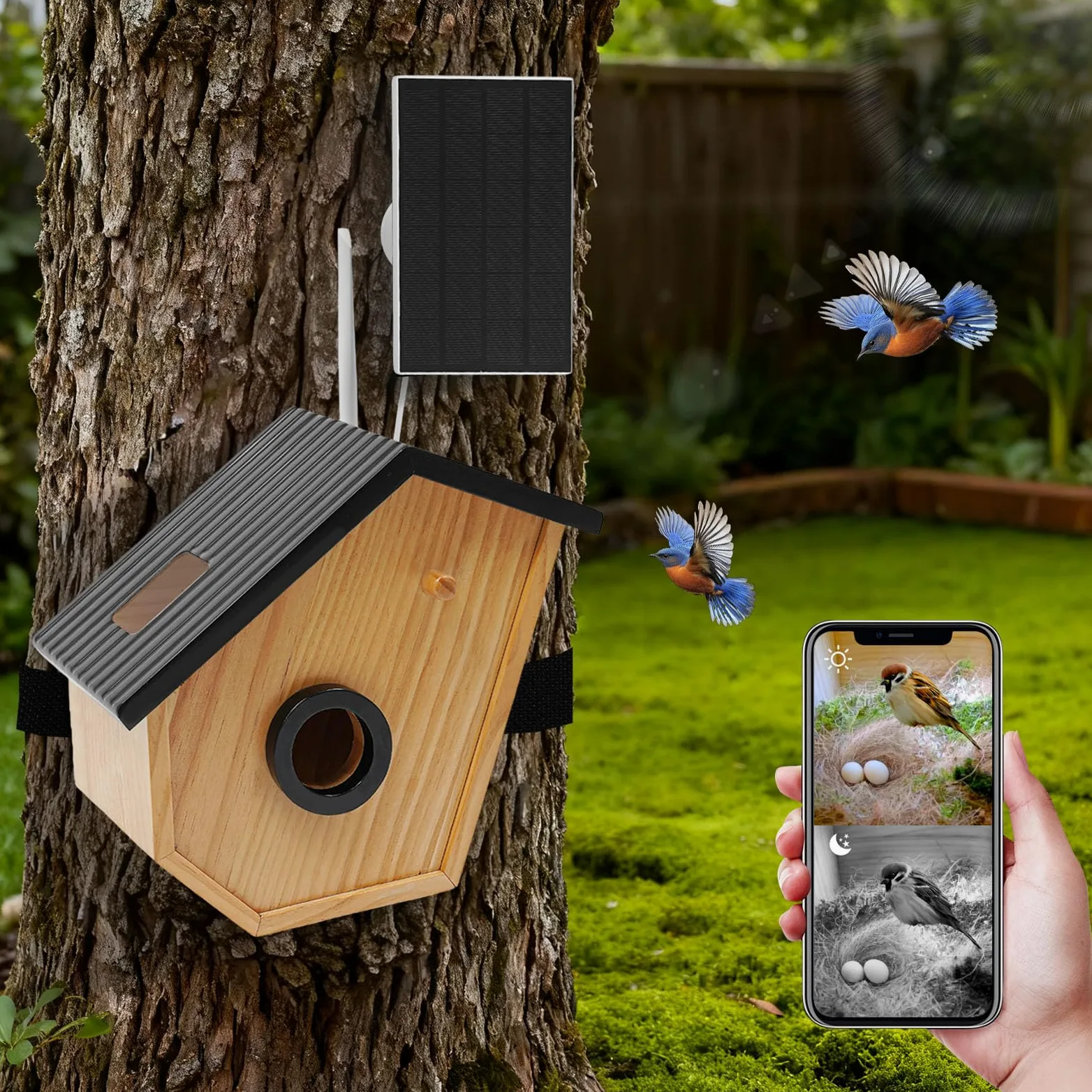 Casa de pájaros inteligente con reconocimiento de aves AI, madera de pino y acrílico, funciona con energía solar, IP65, resistente al agua, cámara HD con visión nocturna, 27 x 15 x 31 cm, estilo