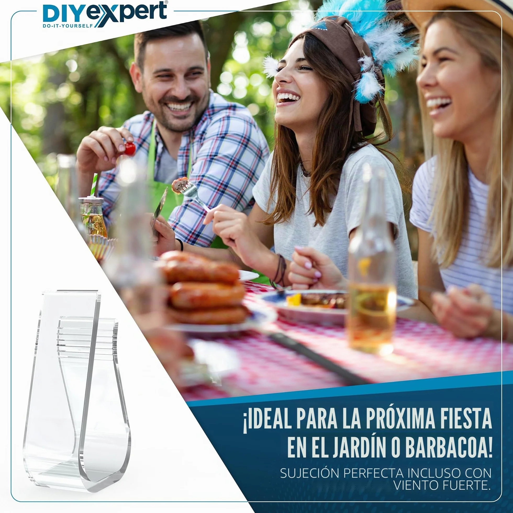 DIYexpert Pinzas para mantel transparentes Fabricado en Alemania [hasta 25 mm] [4 unidades] Pinzas estables para mantel – Resistentes a la intemperie y antideslizantes – Pinzas de mesa para jardín