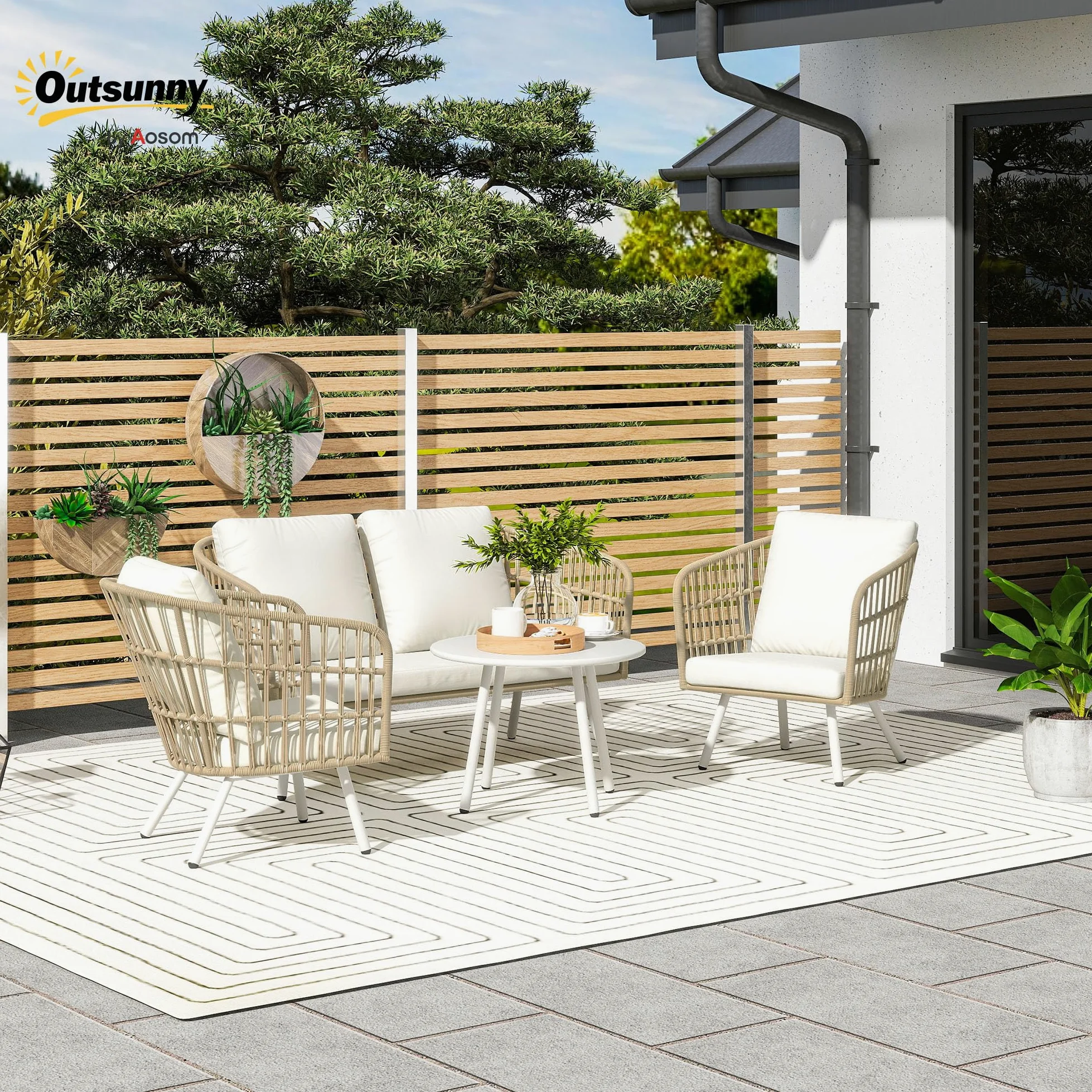 Outsunny Conjunto de Jardín Exterior de Ratán Sintético de 4 Piezas Muebles de Jardín Exterior con Sofá de 2 Plazas 2 Sillones 1 Mesa de Centro de Metal con Cojines Crema y Natural